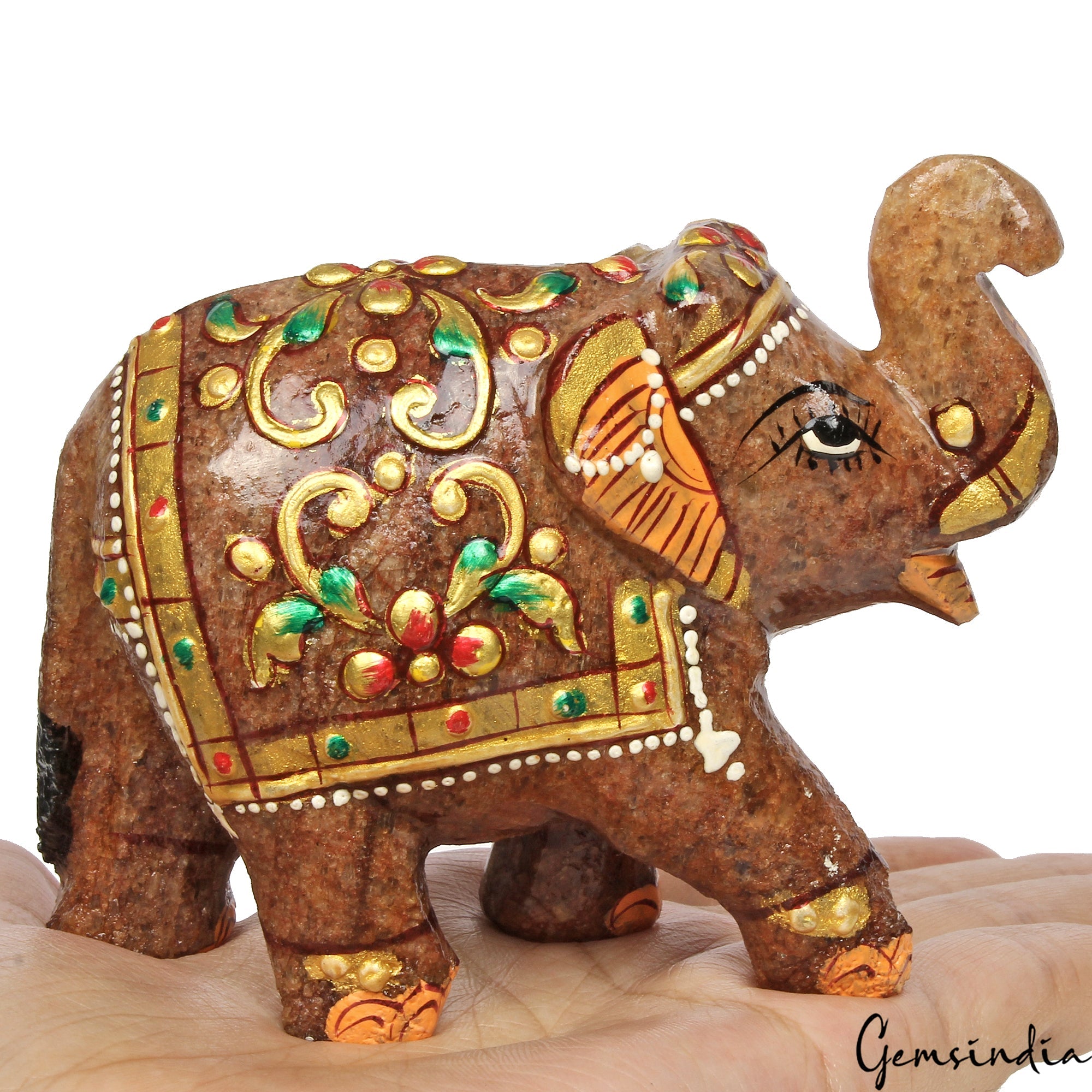 Hand Crafted 1520 Cts Natural Aventurine Trunk Up Elephant Sculpture/Home Decor