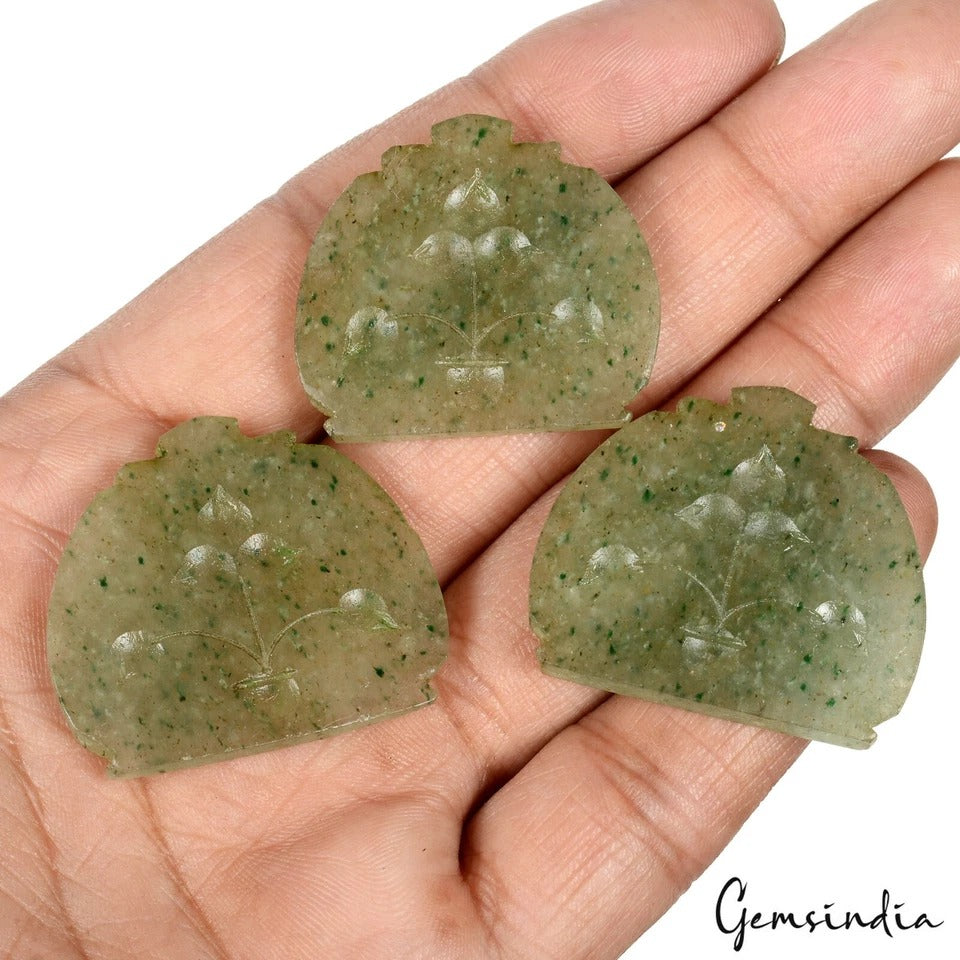 3 Pcs/33-35mm Natural Untreated Green Aventurine Fancy Carving Loose Gemstones