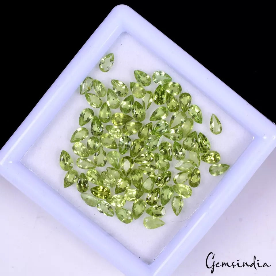 Peridot Lot, Loose Gemstone, Pear Faceted, Untreated — 77 Pieces, 4mm to 5mm, 17.10 Ct