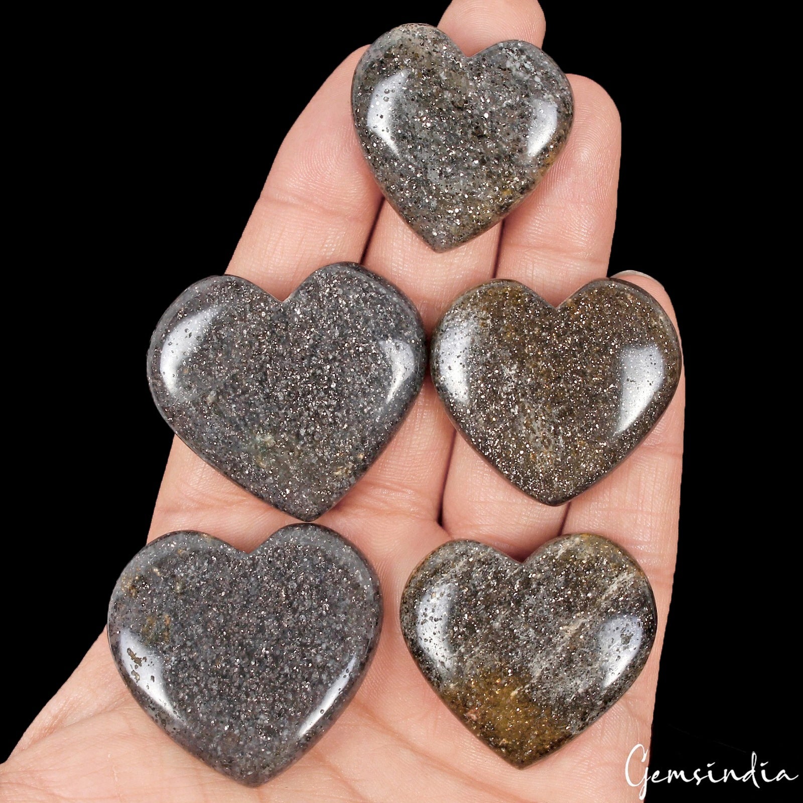 5 Pc Natural Black Sunstone Heart Glossy Untreated Cabochon Gemstones Lot 370 Ct