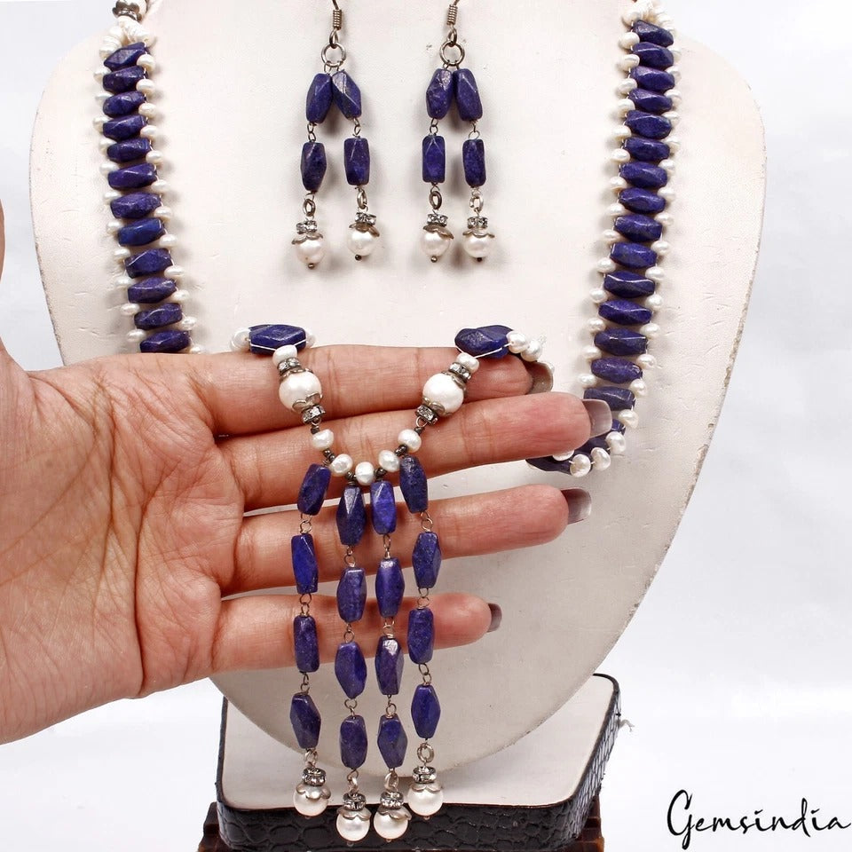 485 Ct Lapis Lazuli & Freshwater Pearl Beaded Handmade 25" Necklace w/ Earrings