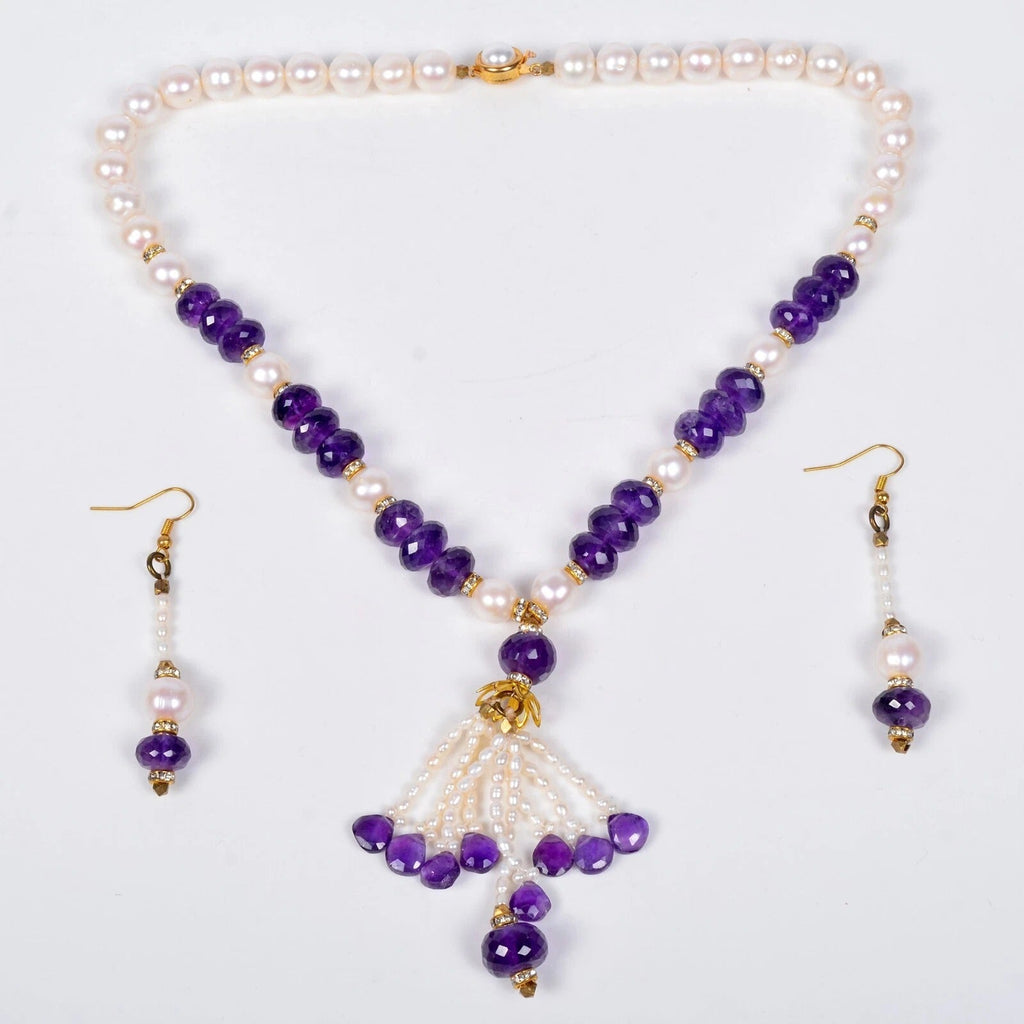 20" Natural Amethyst Pearl Beaded Handmade Designer Necklace/ Ear-rings Jewelry