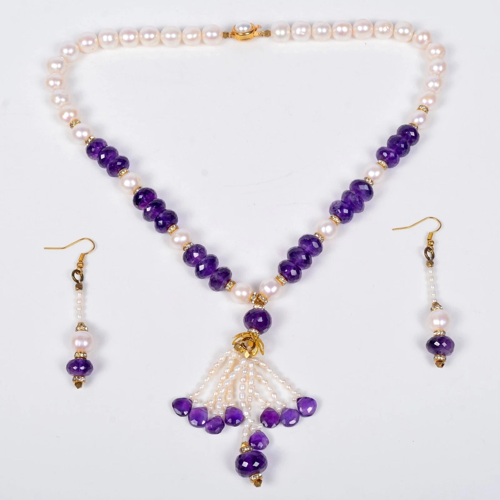 20" Natural Amethyst Pearl Beaded Handmade Designer Necklace/ Ear-rings Jewelry