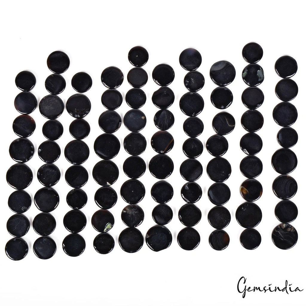 250.00 Ct Natural Black Onyx Round Cab Flat Both Side Loose Gemstone Lot 82 Pcs