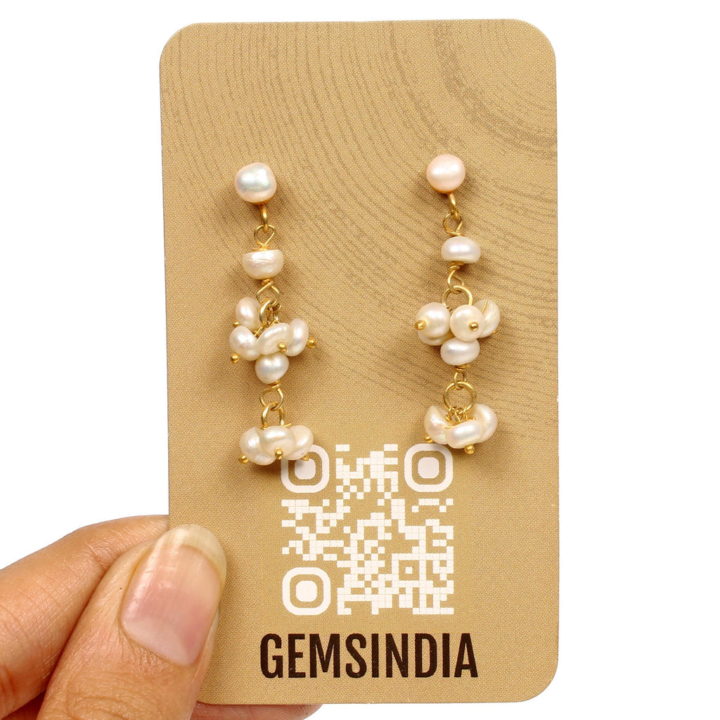 20.30 Ct Natural Freshwater White Pearl Round Beaded Drop Stud Earrings 1.6 Inch