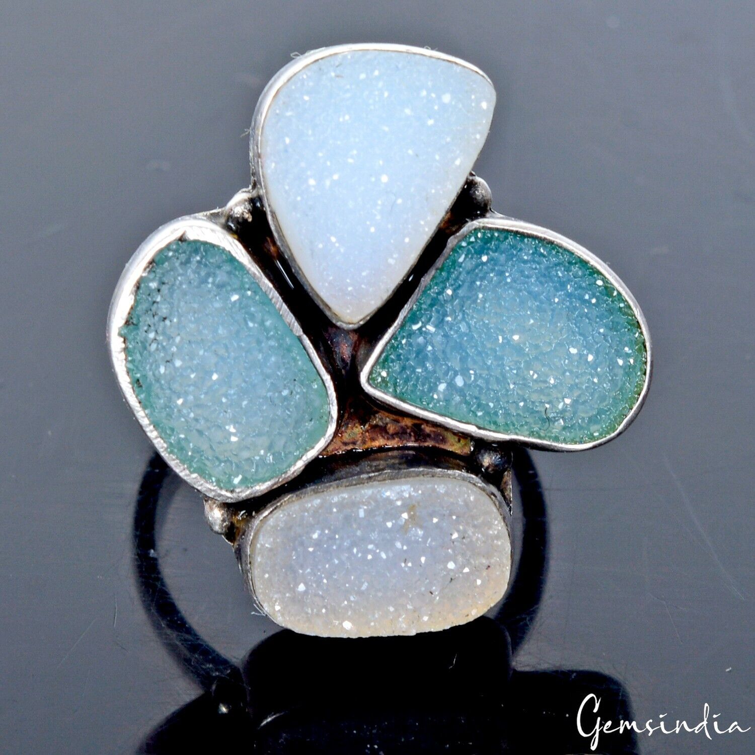 Onyx Drusy Sterling Silver Ring, Untreated, Silver — Size 6.5 US, 45.00 Ct (9.00 g)