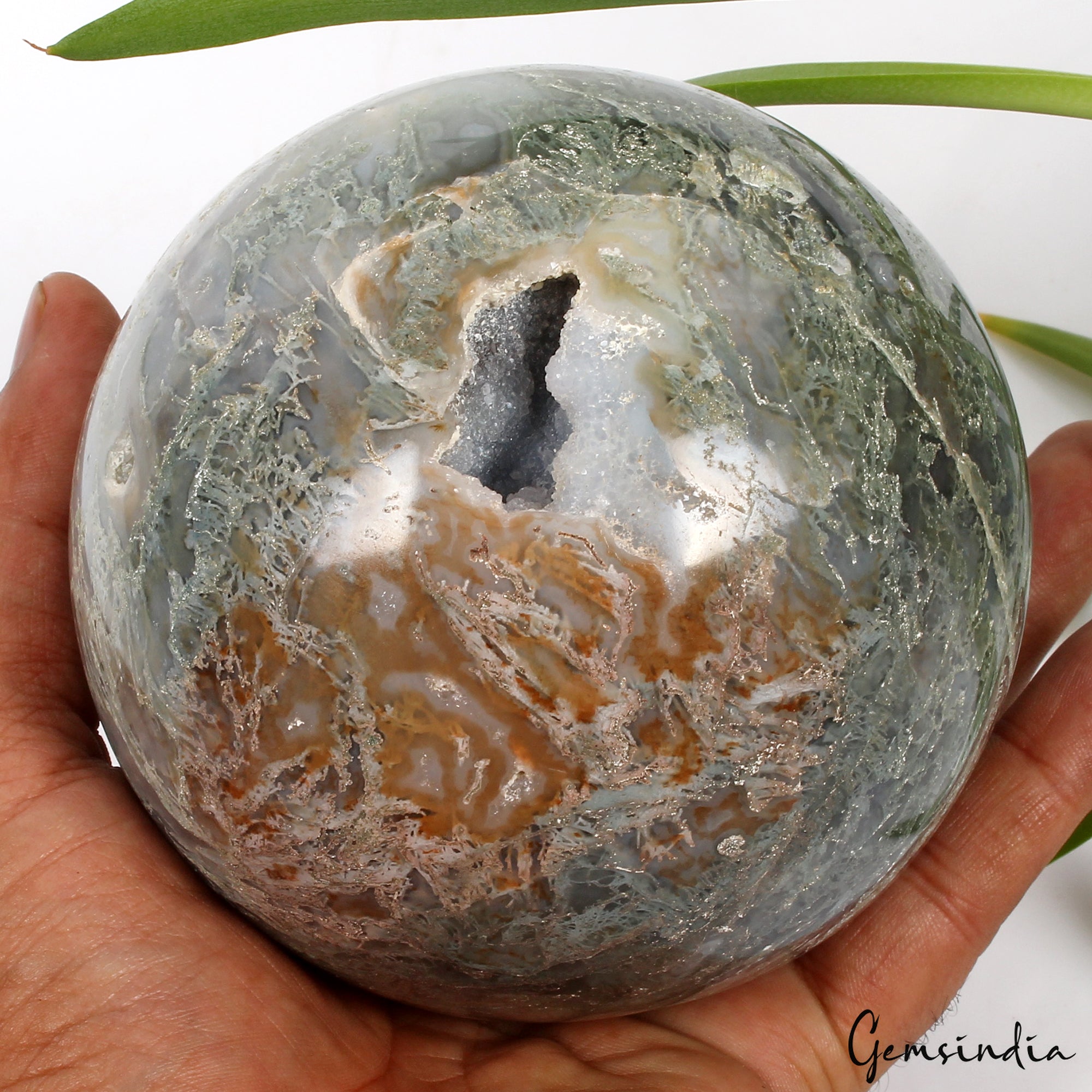 4 in Large Natural Moss Agate Geode Druzy Sphere Quartz Crystal Ball Healing