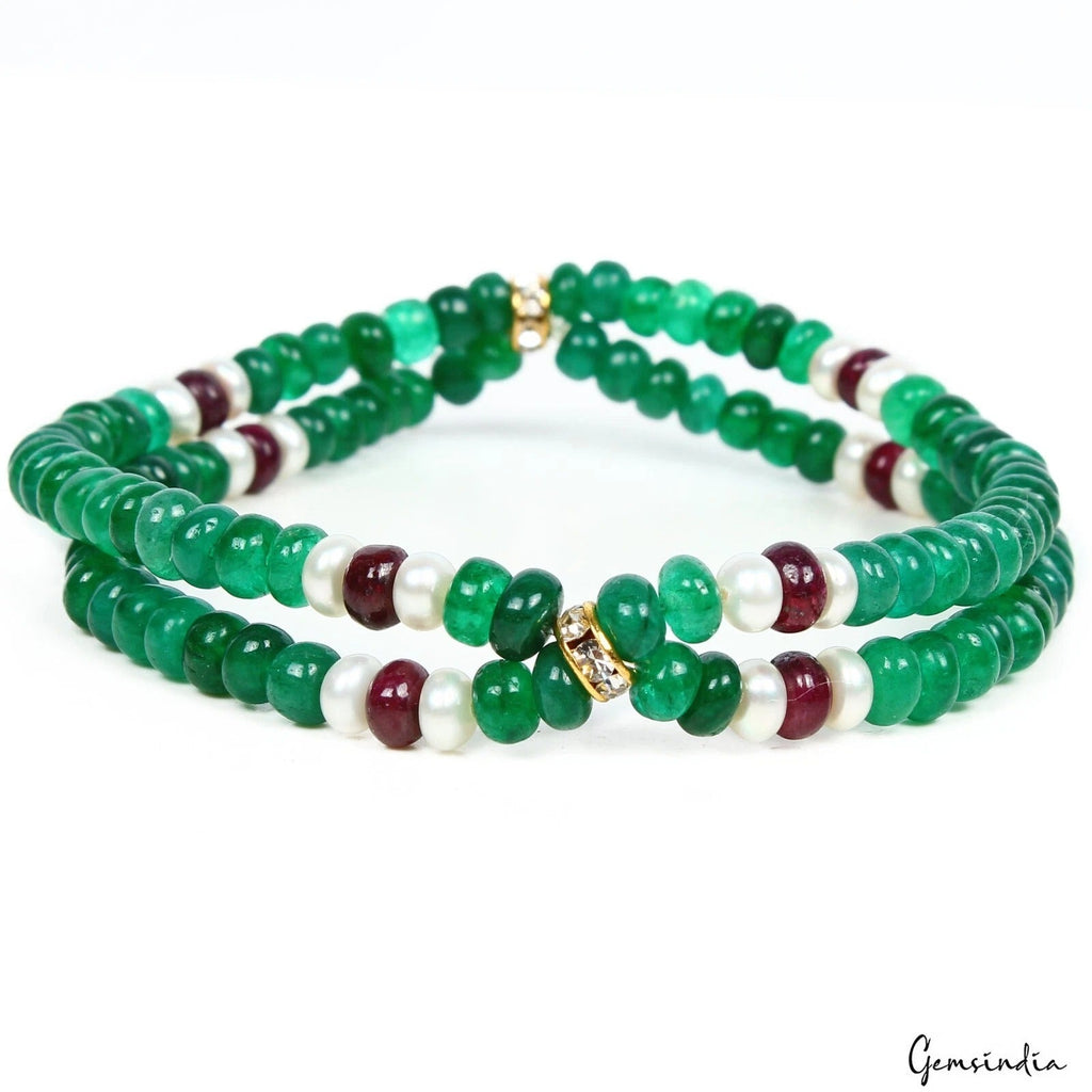 60.40Ct Natural Emerald Ruby Pearl Round Bead Stretchable Handmade Bracelet 6.5"