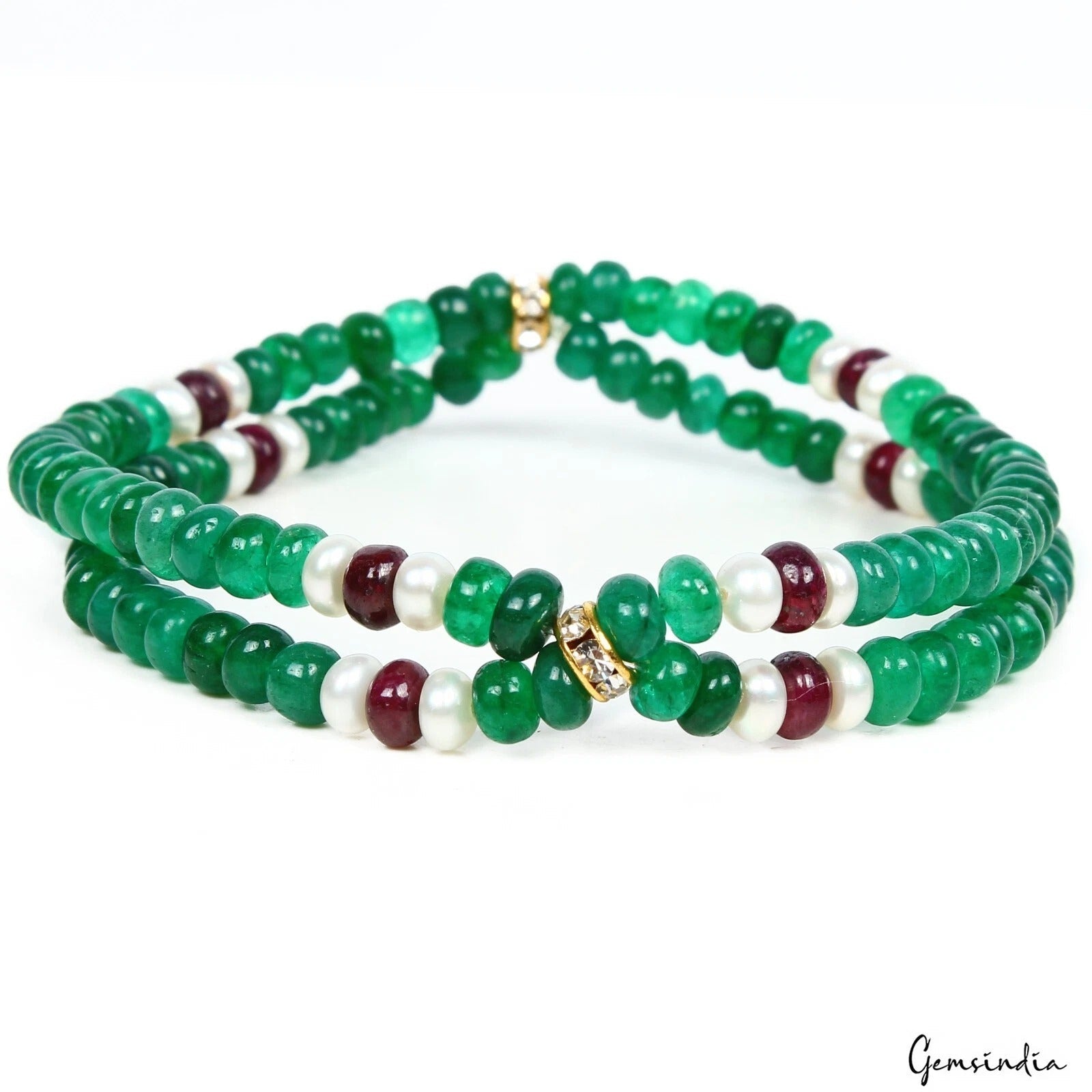 60.40Ct Natural Emerald Ruby Pearl Round Bead Stretchable Handmade Bracelet 6.5"
