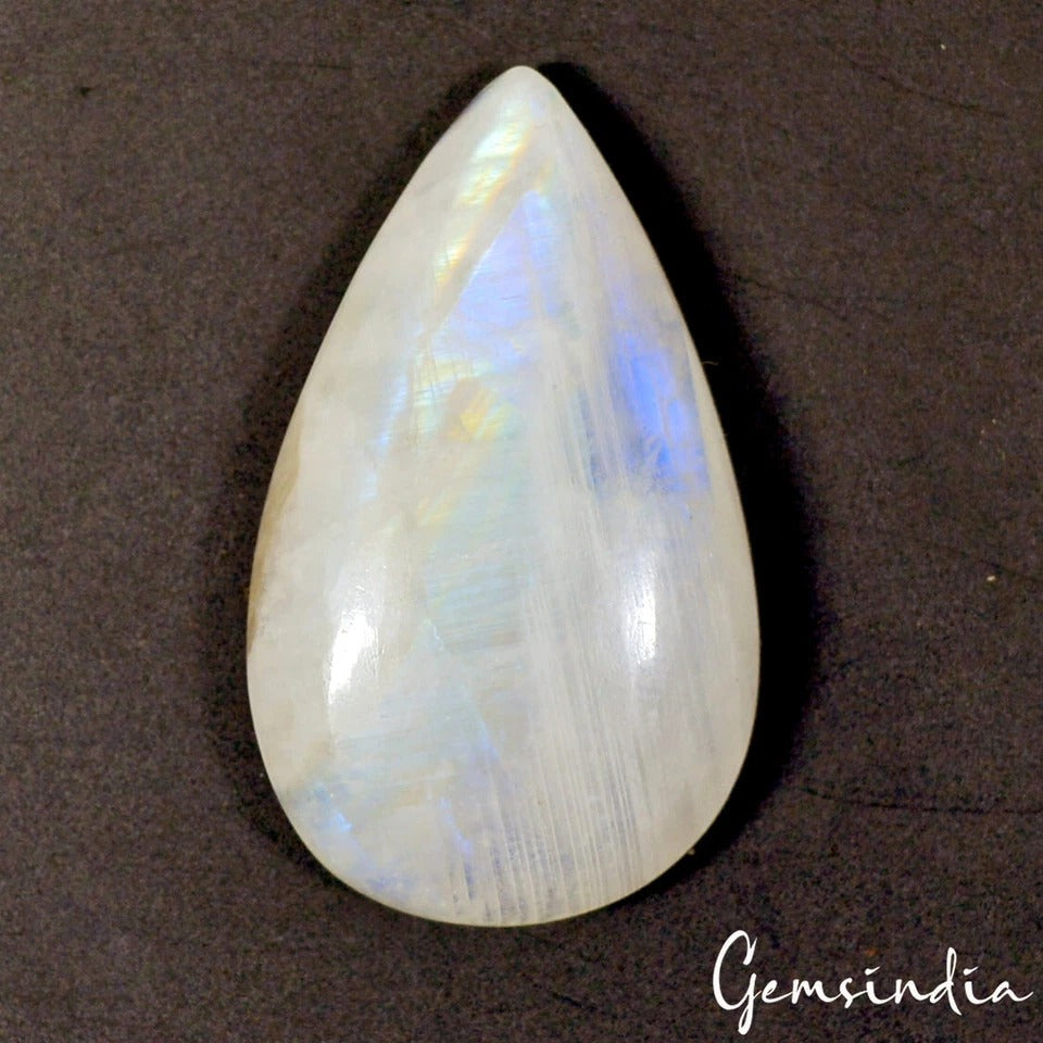 Certified Natural Madagascar, Rainbow Fire Schiller Moonstone Cabochon Pear~36mm