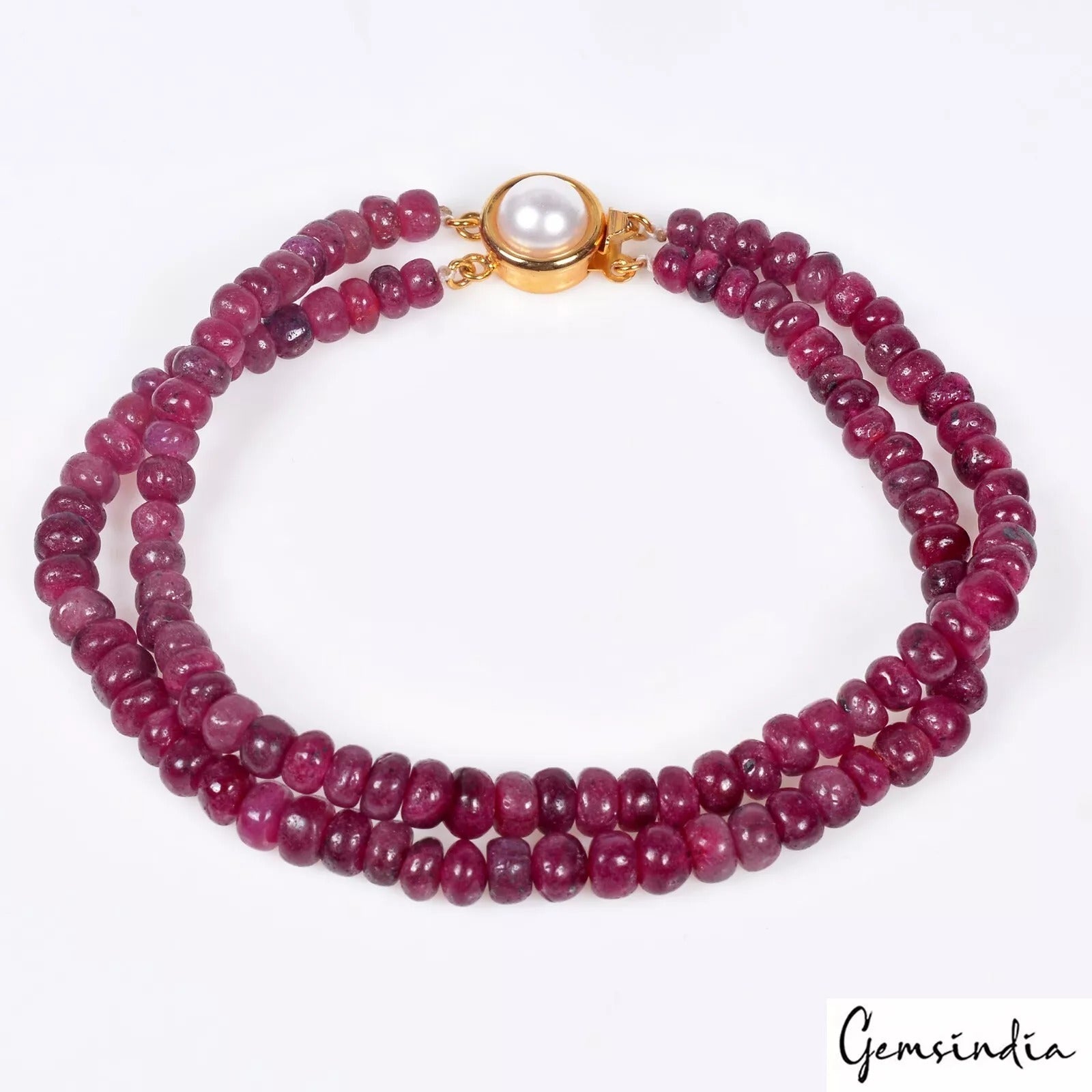 8" Handmade Double Strand Semi precious Ruby Gemstone bracelet With Pearl Lock