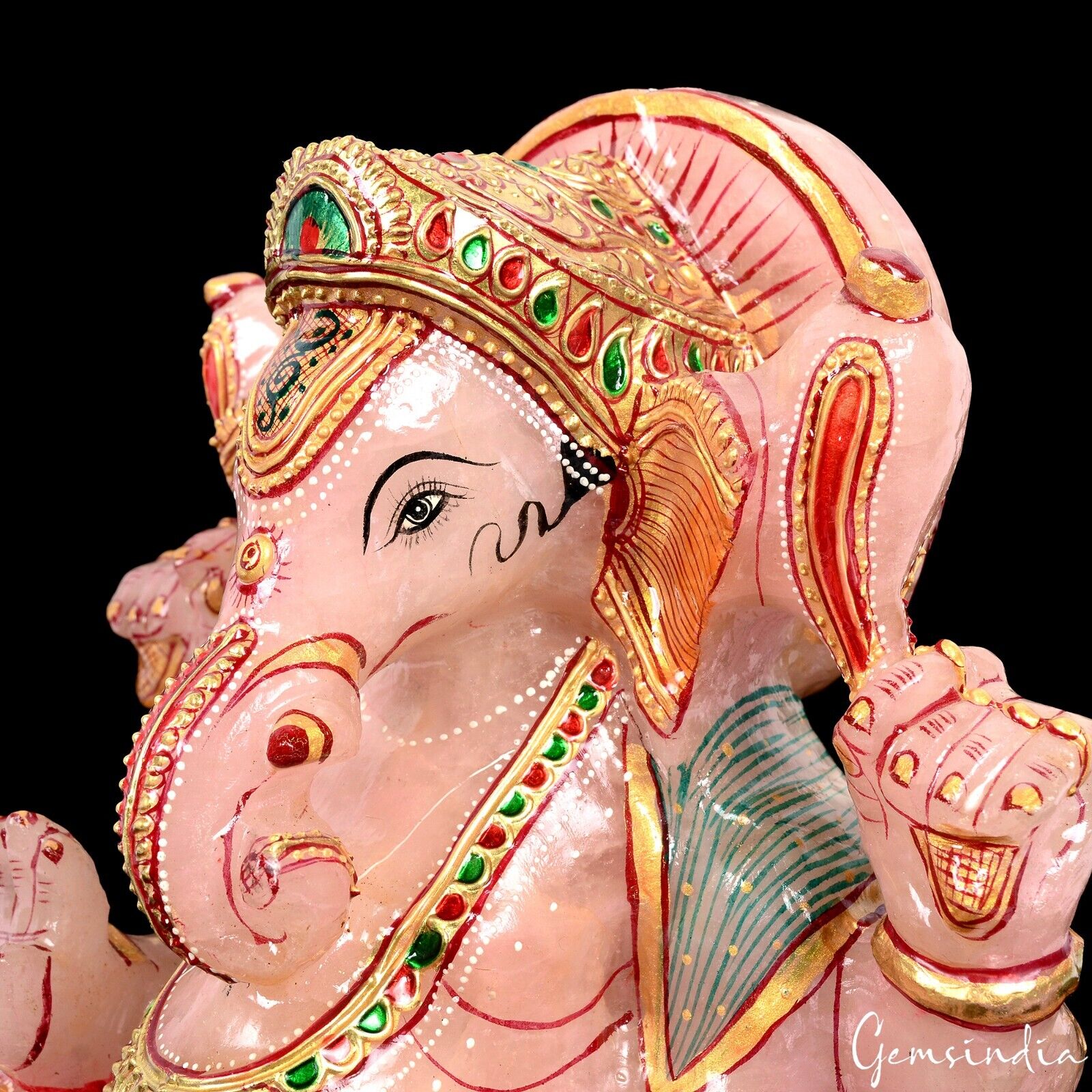 Large 4.1 Kilo Rose Quartz Hand Crafted Gold Painted Ganesha Home Idol Sculpture