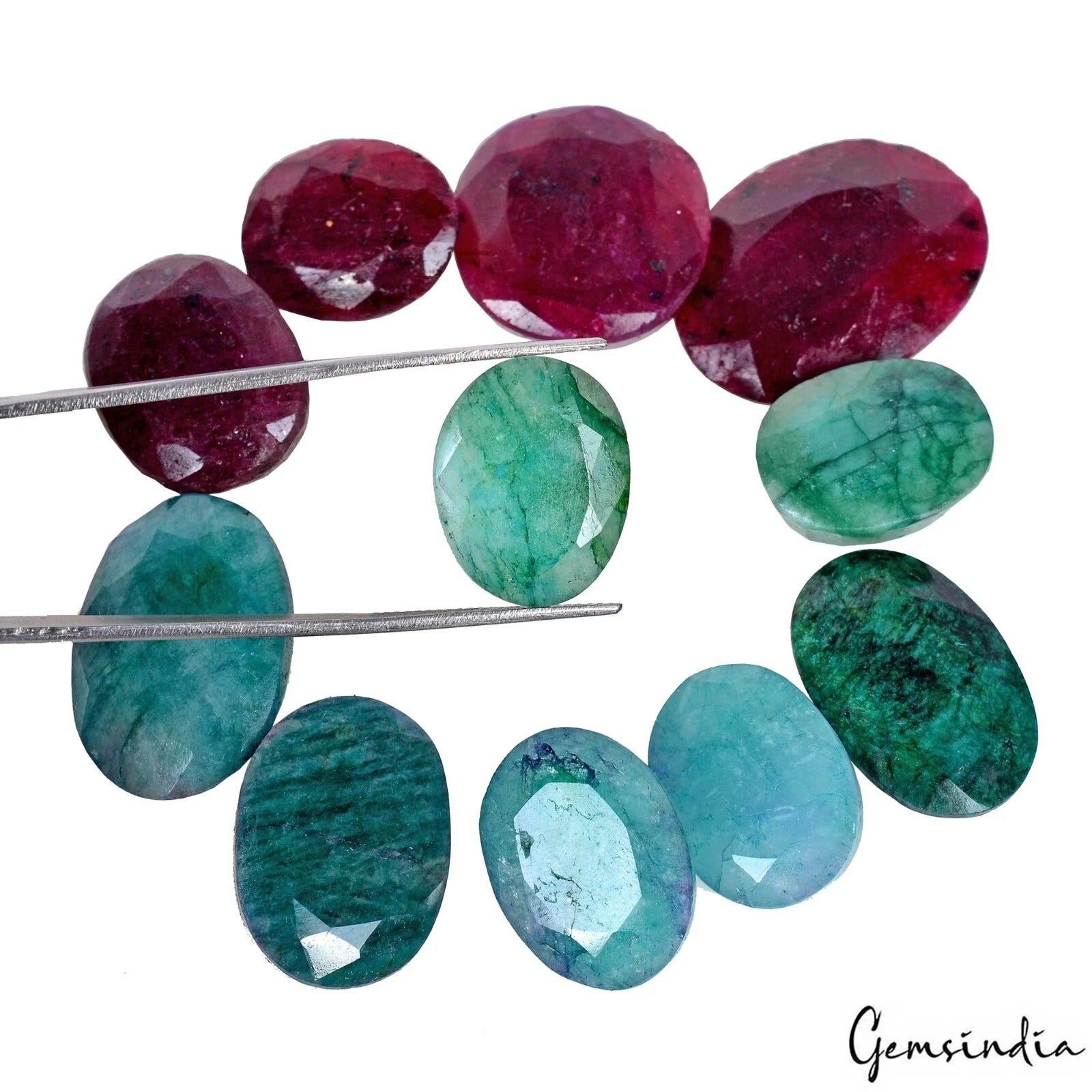 290 Ct/11 Pcs Natural Red Ruby Green Emerald Oval Cut Loose Gems Lot For Jewelry