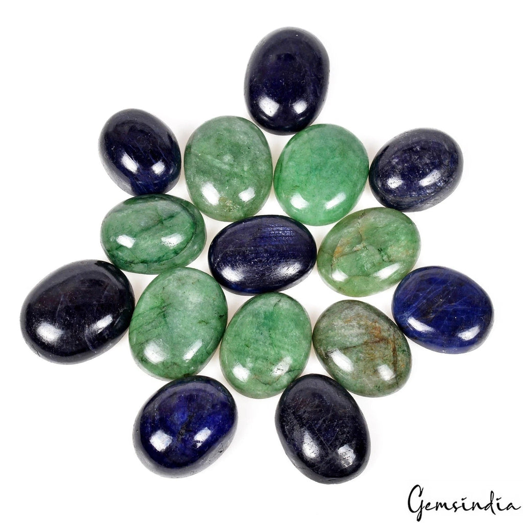 350 Ct/15Pcs Natural Green Emerald Blue Sapphire Oval Cab Loose Gems For Jewelry
