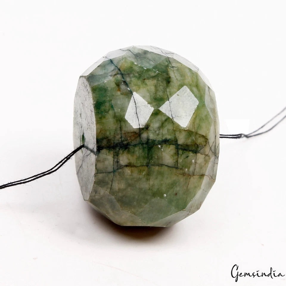 197 Ct Natural Green Emerald Round Faceted 32mm Drilled Huge Size Bead Gemstone