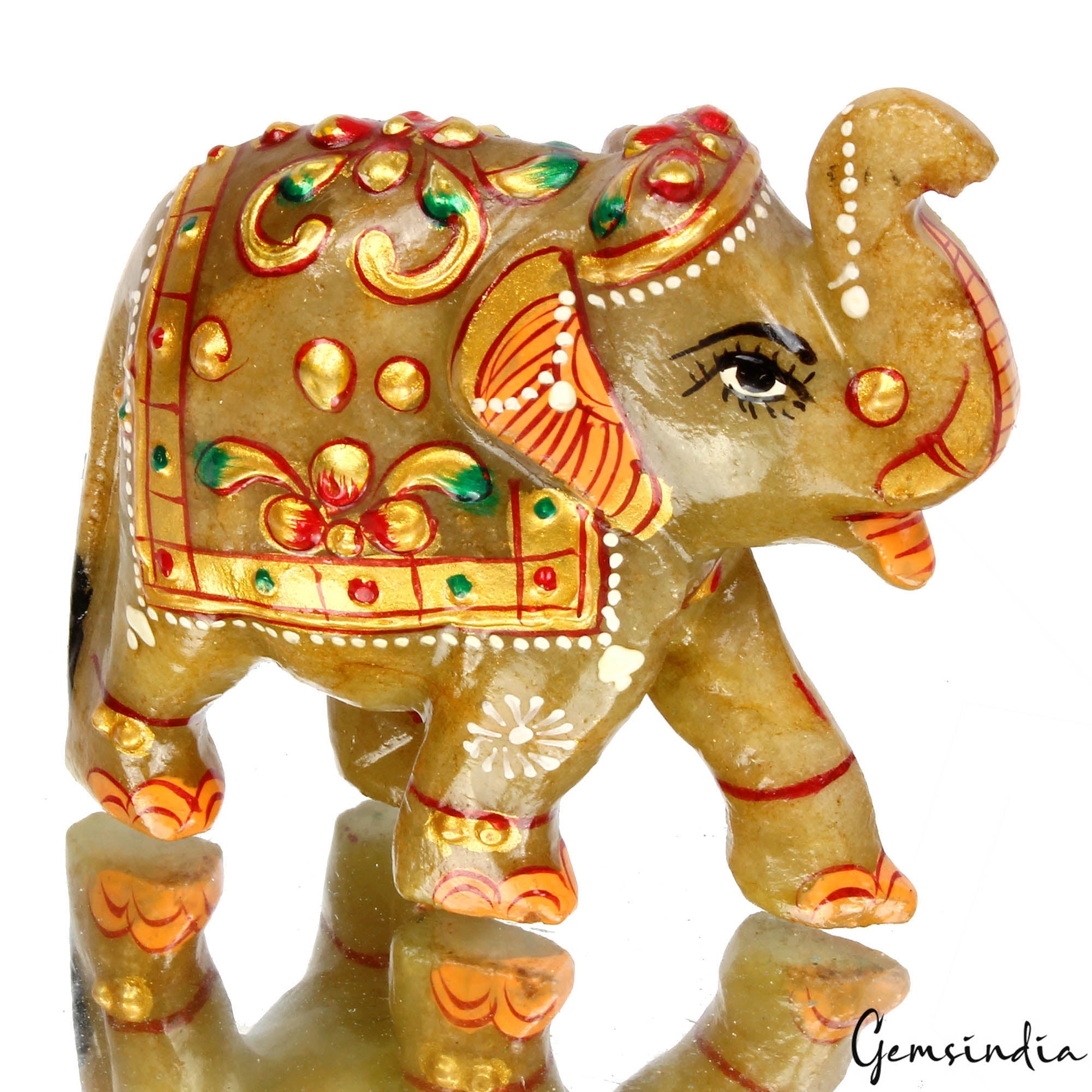 740 Cts Natural Aventurine Hand Crafted Gold Painted Elephant Sculpture/ Statue