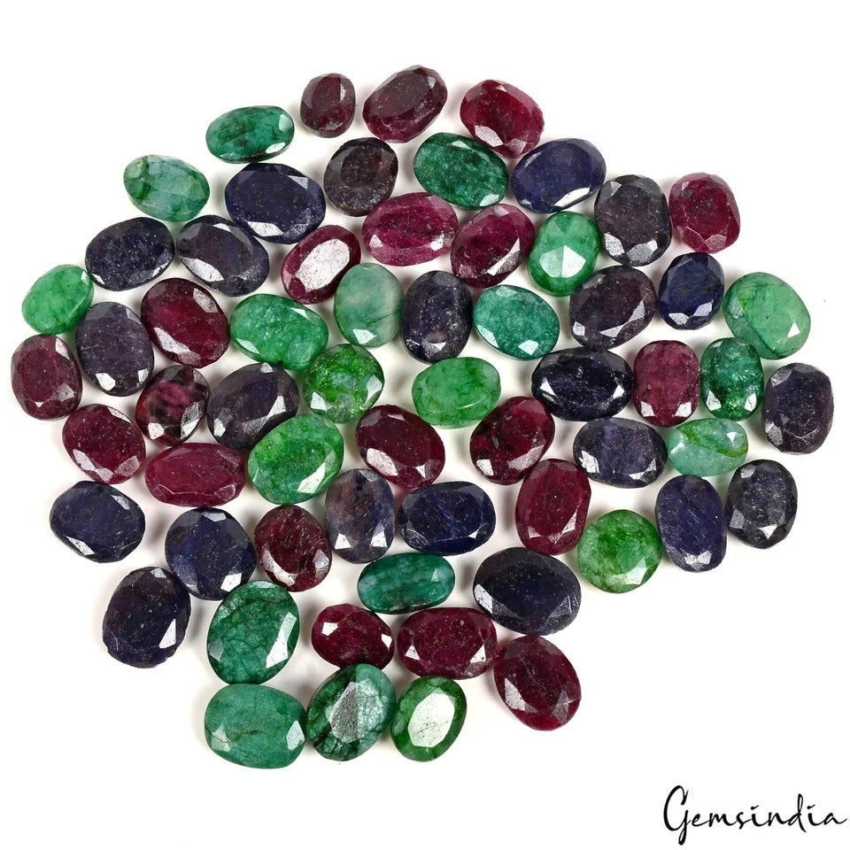 Certified 970 Cts/62 Pcs Natural Multi Color Emerald Ruby Sapphire Oval Gems Lot