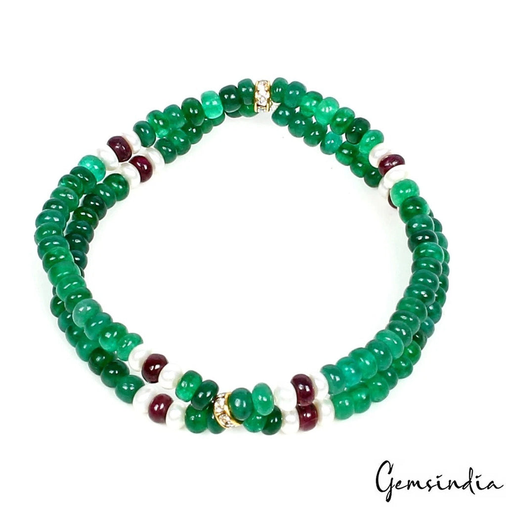 60.40Ct Natural Emerald Ruby Pearl Round Bead Stretchable Handmade Bracelet 6.5"