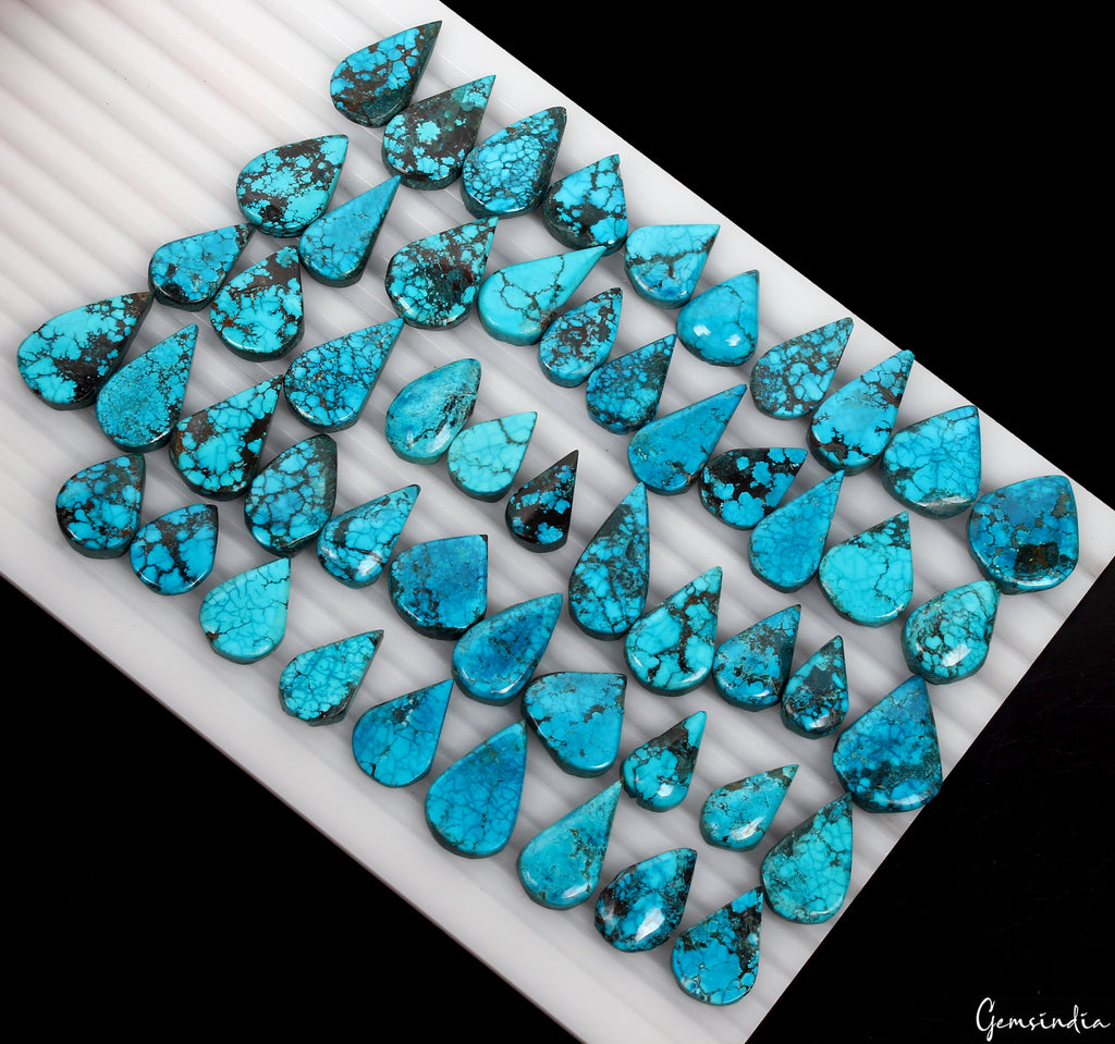 600 Ct/52 Pcs Natural USA Blue Spiderweb Turquoise Pear Cab Loose Wholesale Gems