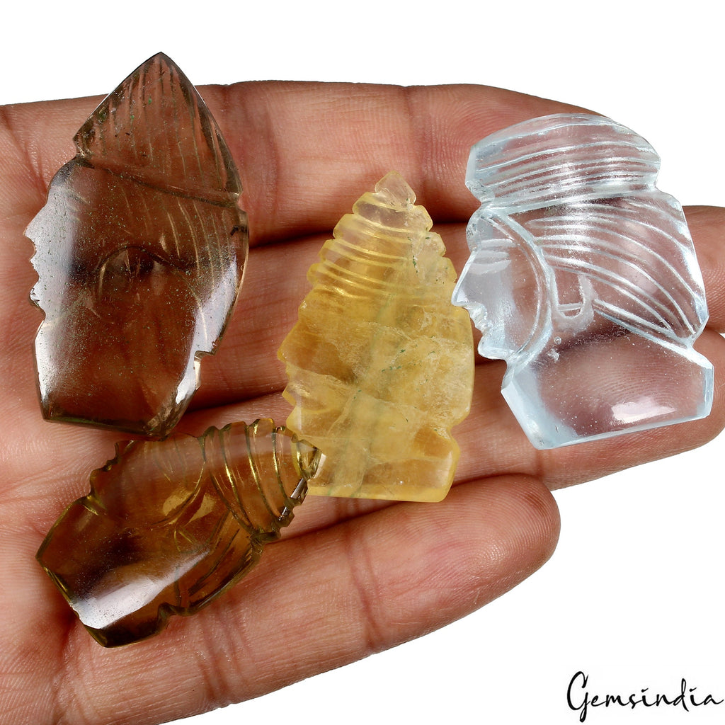 280 Ct/4Pcs Natural Fluorite Gemstones Warrior Head Pocket Size Carved Sculpture