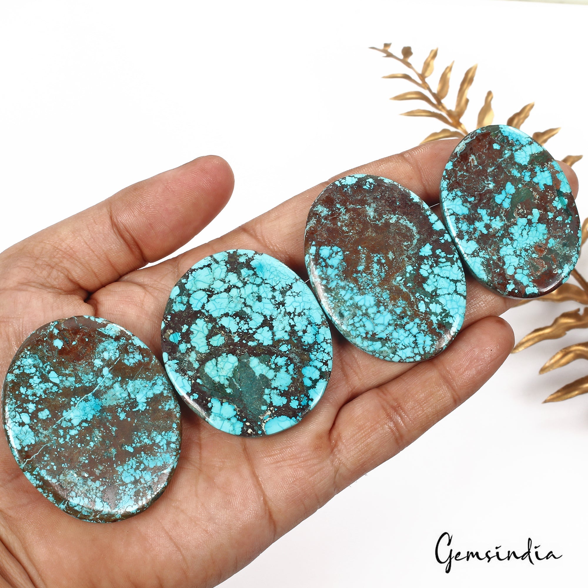 500 Cts/4 Pcs Natural Spiderweb Blue Turquoise Oval Cab Loose Gems For Pendants