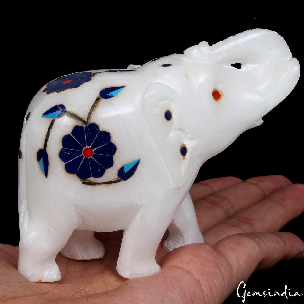 Marble Elephant Figurine, Untreated, White — 94x67x40mm, 1290 Ct