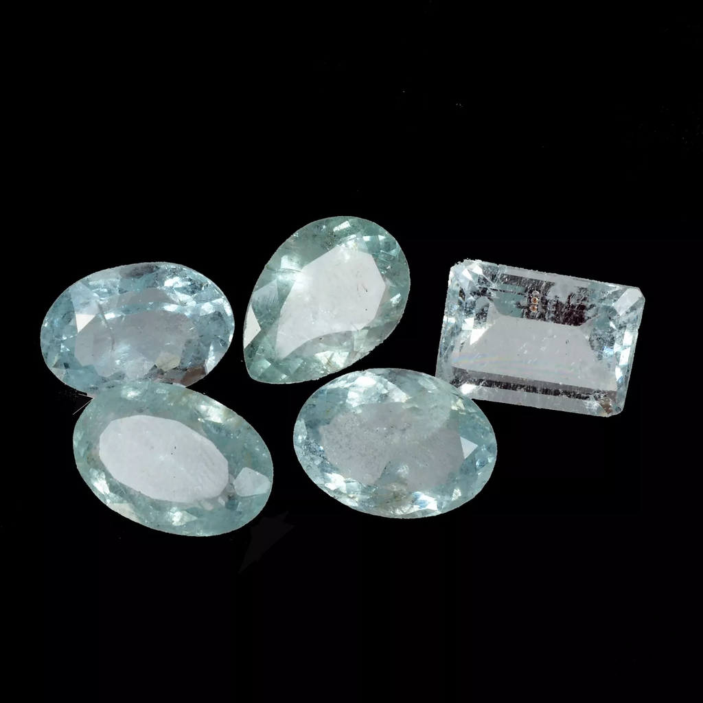 Natural Aquamarine Loose Gemstone Lot - 5 Pcs Mixed Shapes Oval Pear Emerald Cut