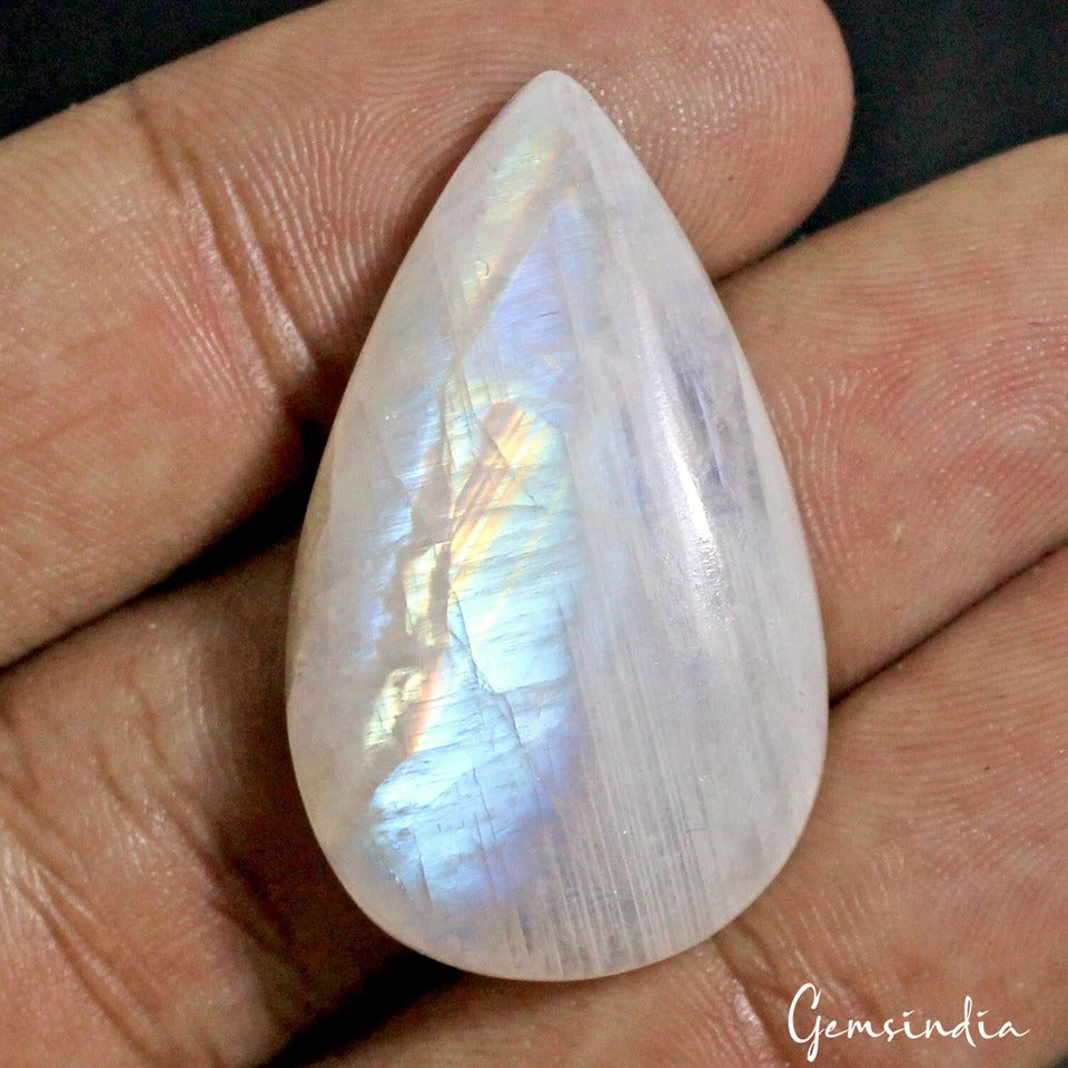 Certified Natural Madagascar, Rainbow Fire Schiller Moonstone Cabochon Pear~36mm
