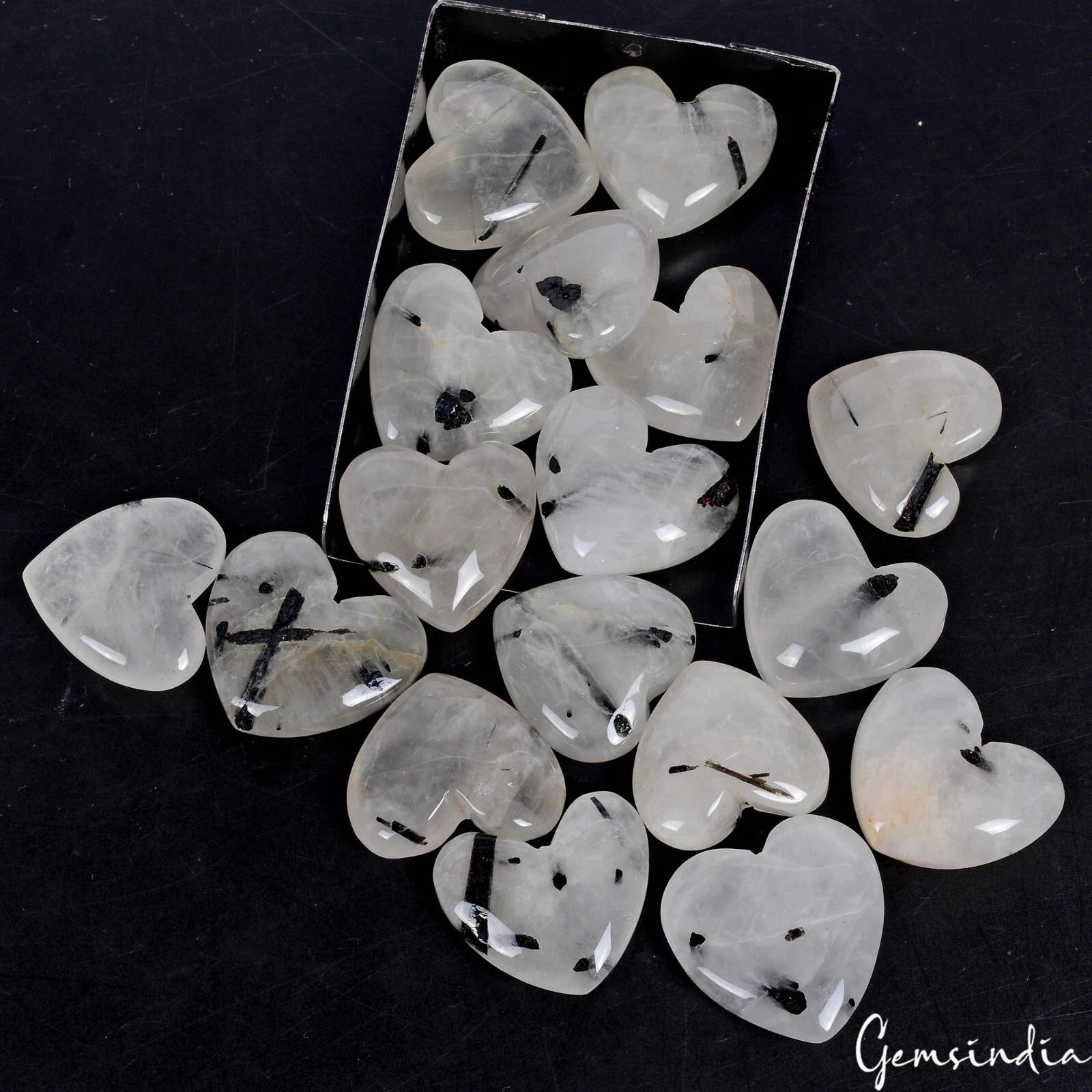 450 Ct/17 Pcs Natural Untreated Rutile Quartz Heart Shape Loose Gems For Jewelry