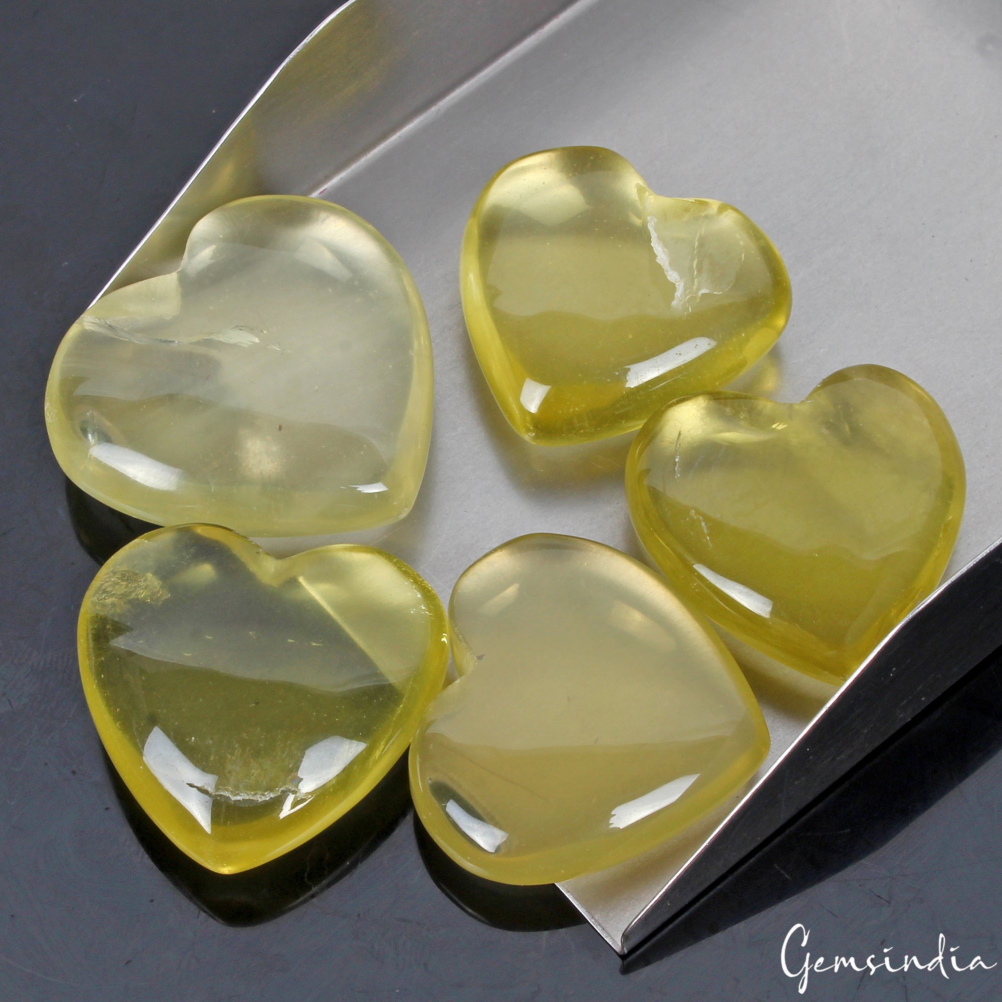 5 Pcs Natural Lemon Quartz Heart Cabochon 27mm-31mm polished Gemstones~320 Cts