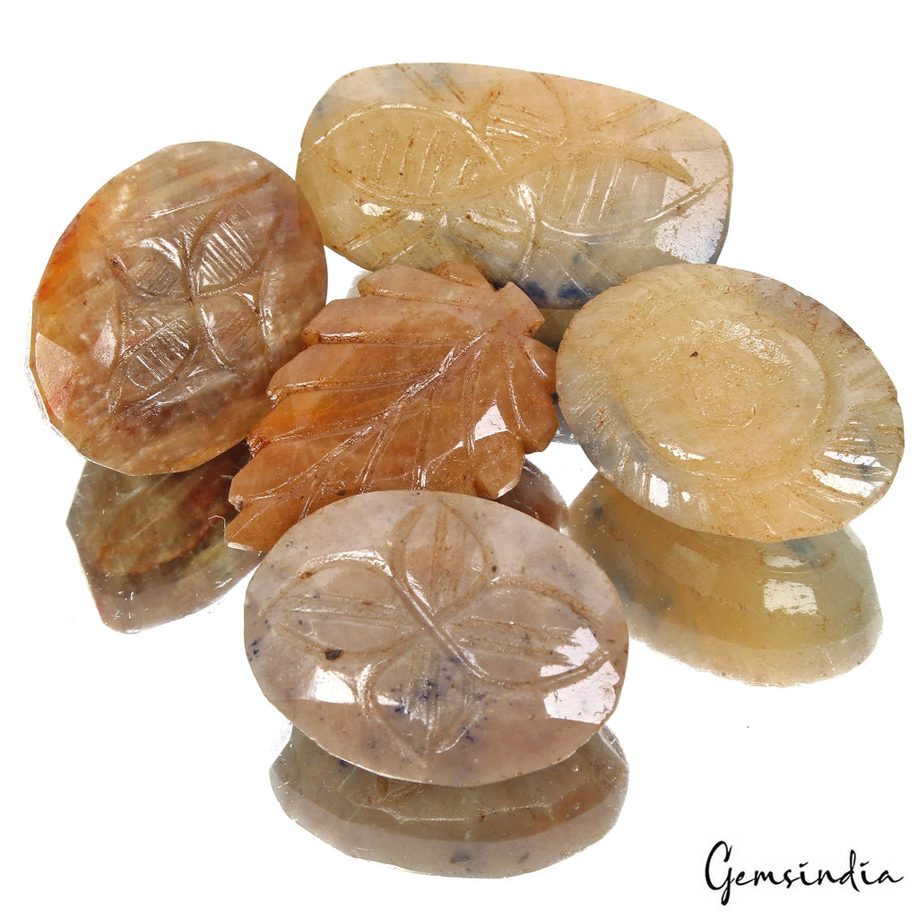 370 Ct/5Pcs Natural Untreated Yellow Brown Sapphire Mix Cut Both Side Carved Gem