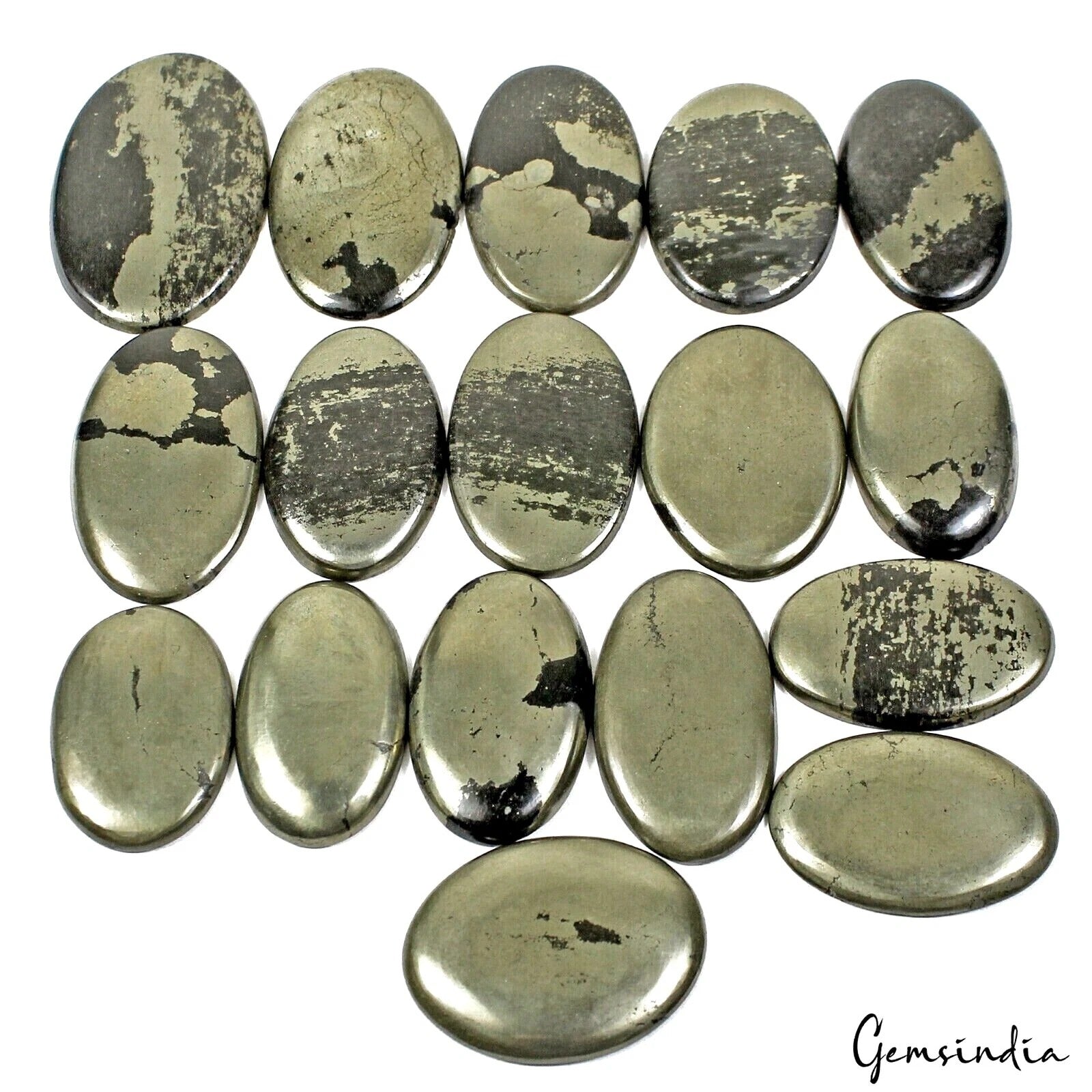 Pyrite Lot, Cabochon, Untreated, Gold — 17 Pieces, 37mm to 48mm, 1020 Ct
