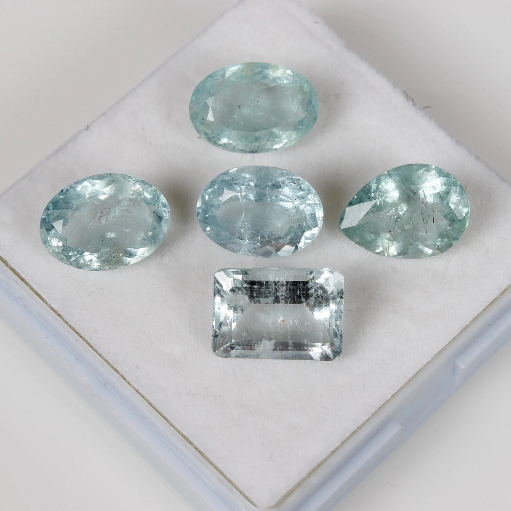 Natural Aquamarine Loose Gemstone Lot - 5 Pcs Mixed Shapes Oval Pear Emerald Cut