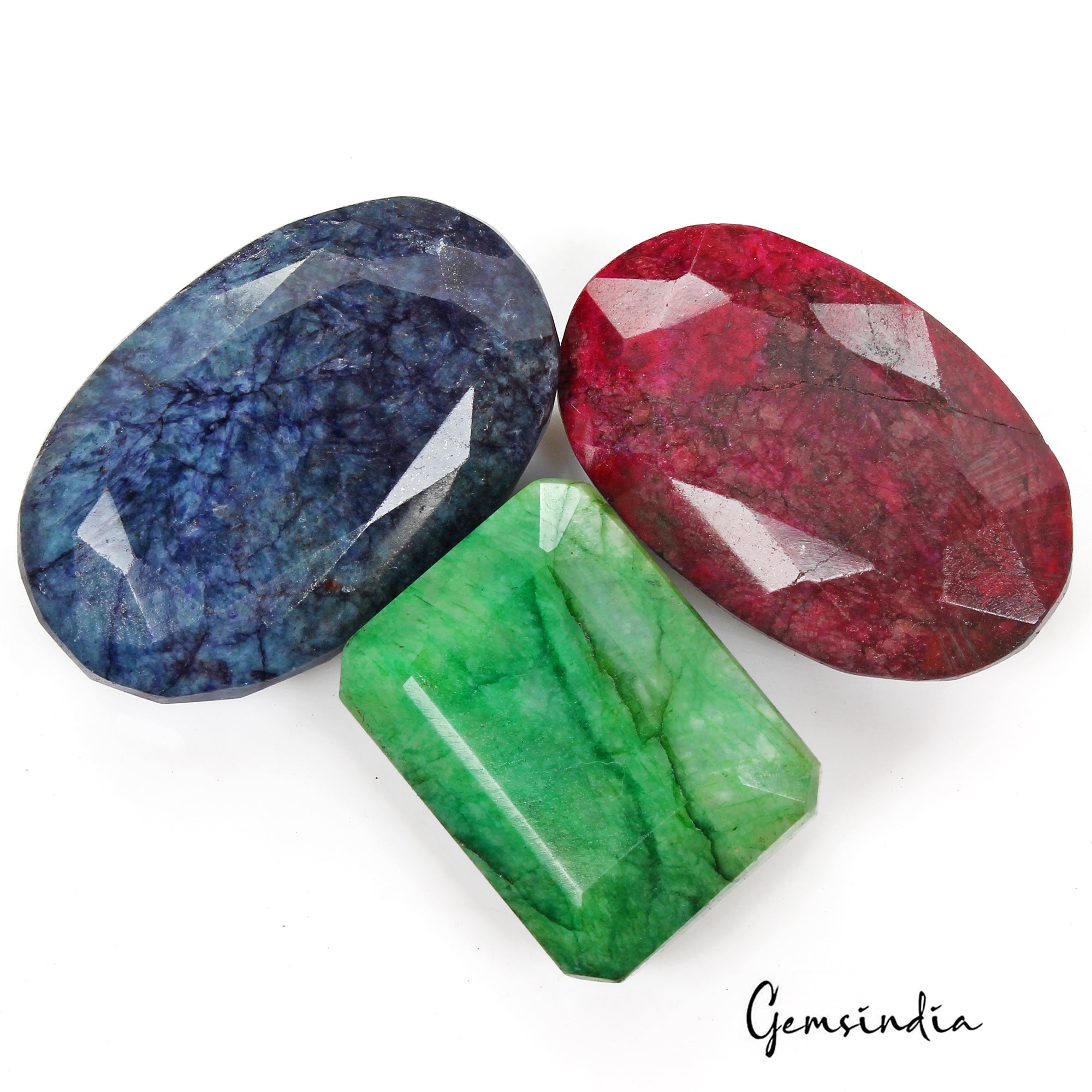 1060 Cts/3 Pcs Natural Red Ruby Blue Beryl Green Emerald Mix Cut Loose Gems Lot