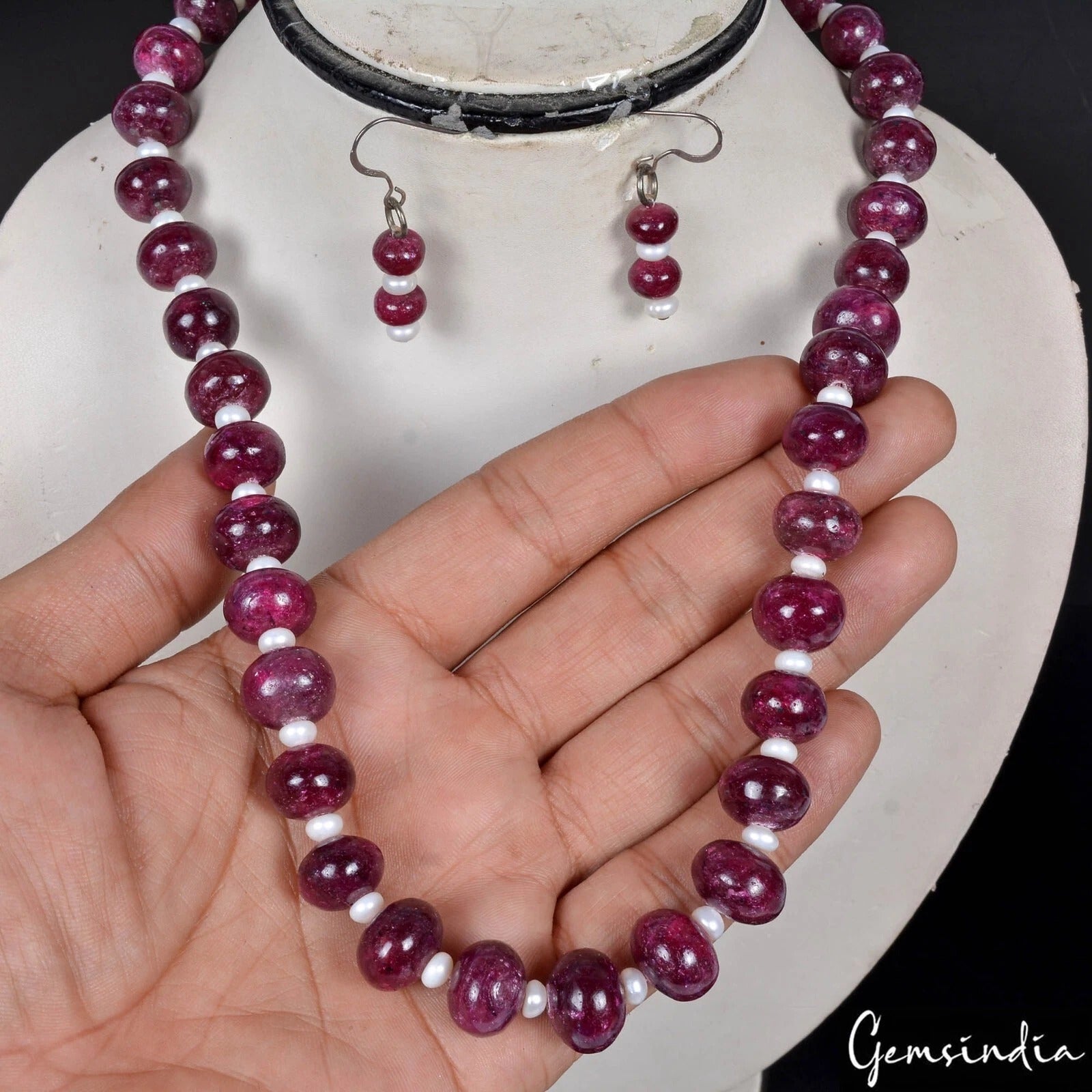 Natural Red Ruby & Pearl Bead Necklace & Drop Earrings Set Elegant Gift~660 Cts
