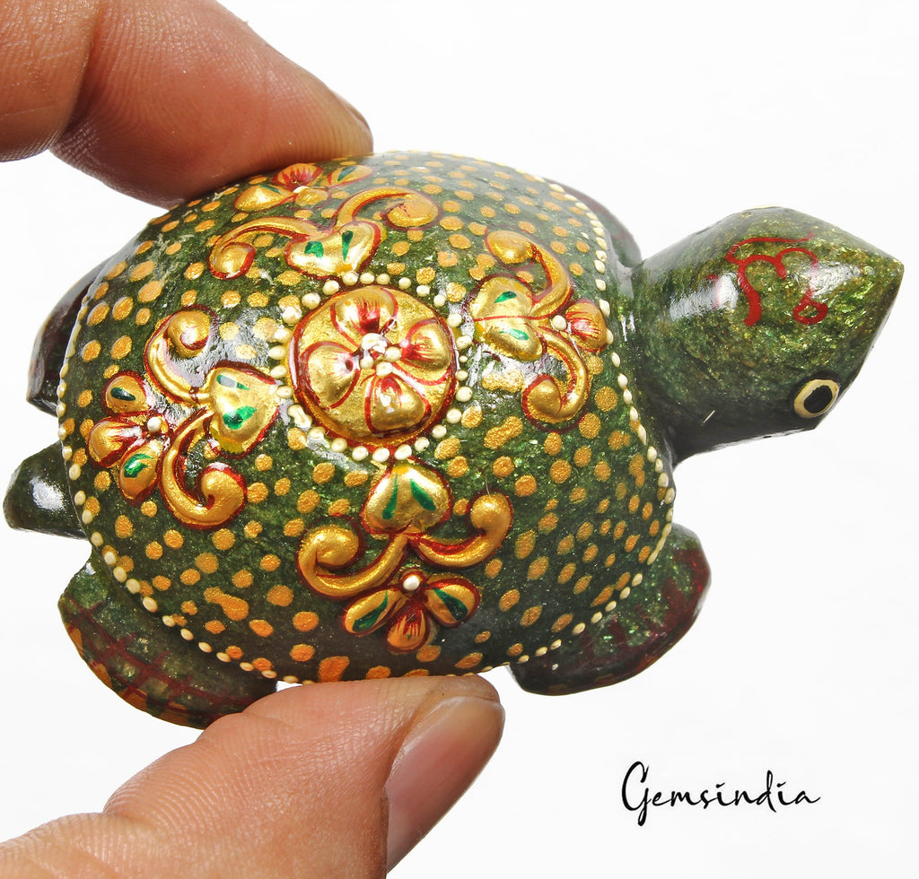 470 Cts Natural Untreated Green Golden Paint Aventurine Turtle Carved Sculpture