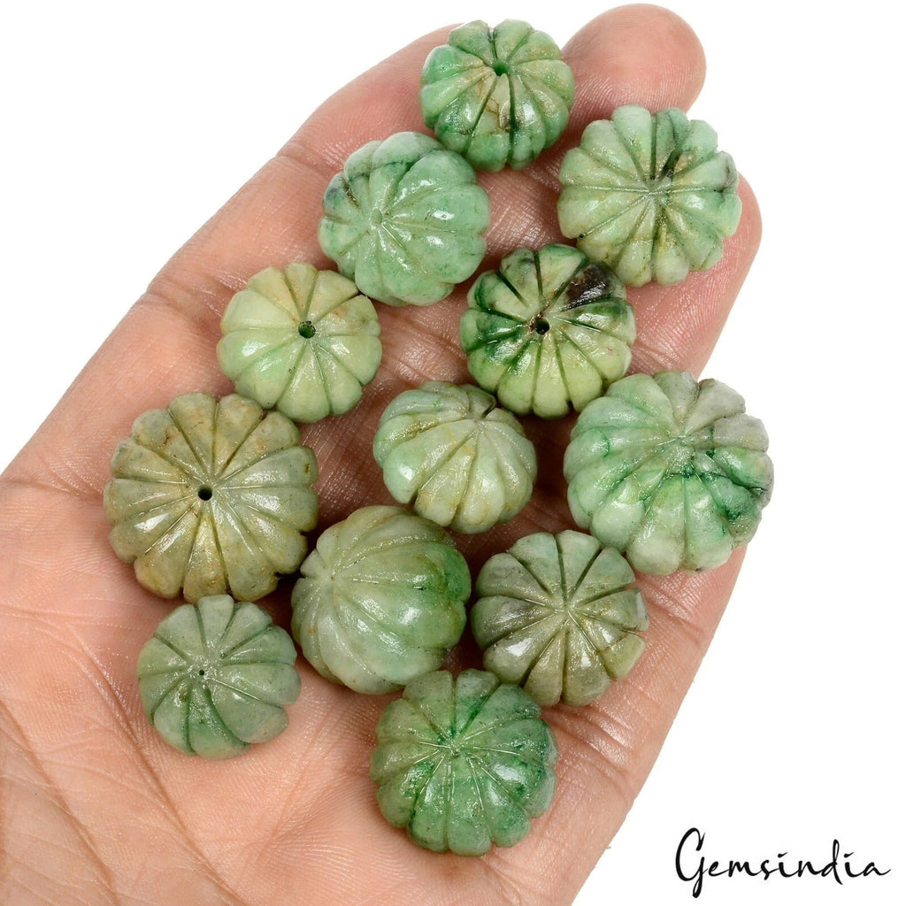 450 Cts/12 Pcs Natural Green Emerald Round Pumpkin Carved Drill Beads Gems Lot