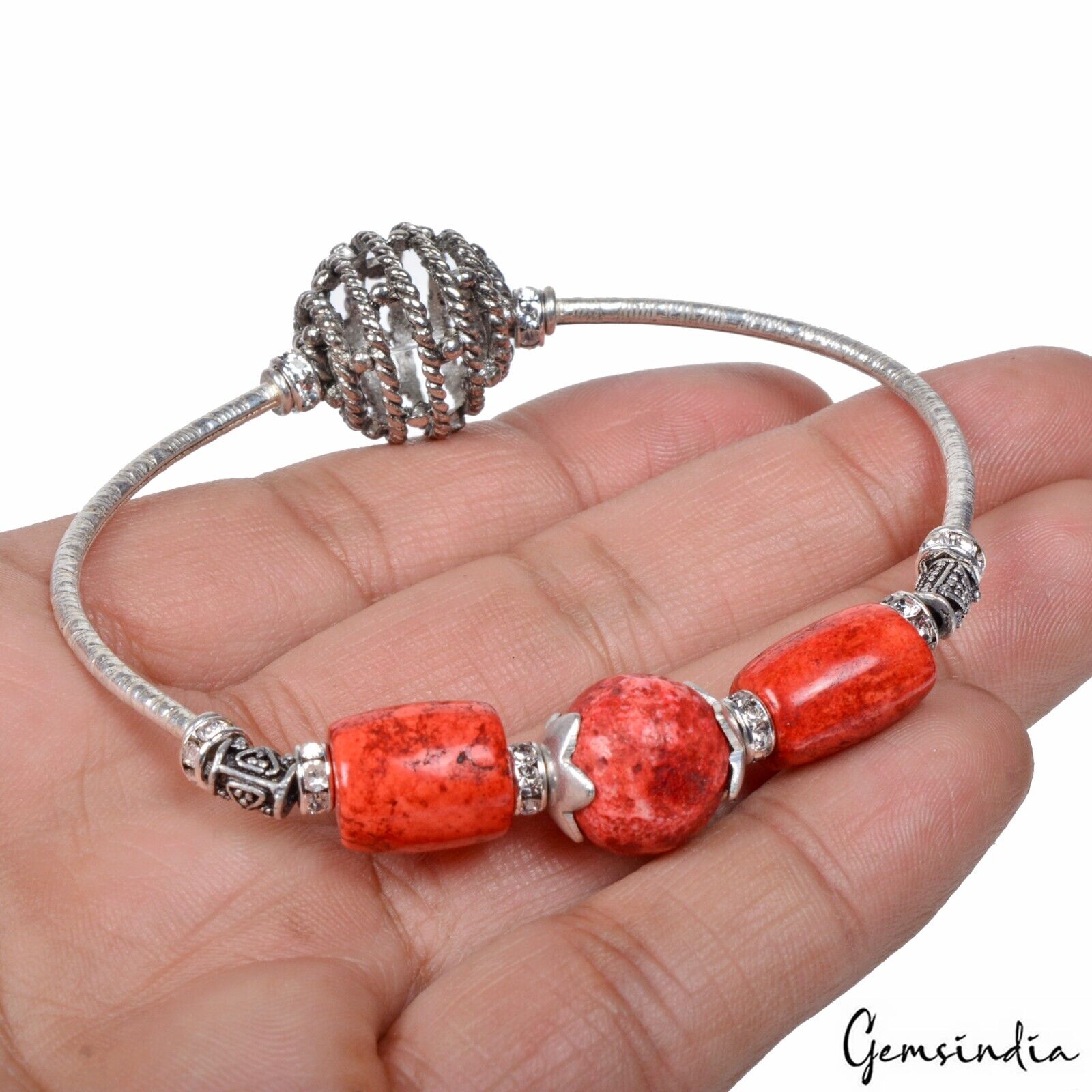 90.60 Cts Dark Orange Coral Gem Silver Stretchable Designer 6.5 Inch Bracelet