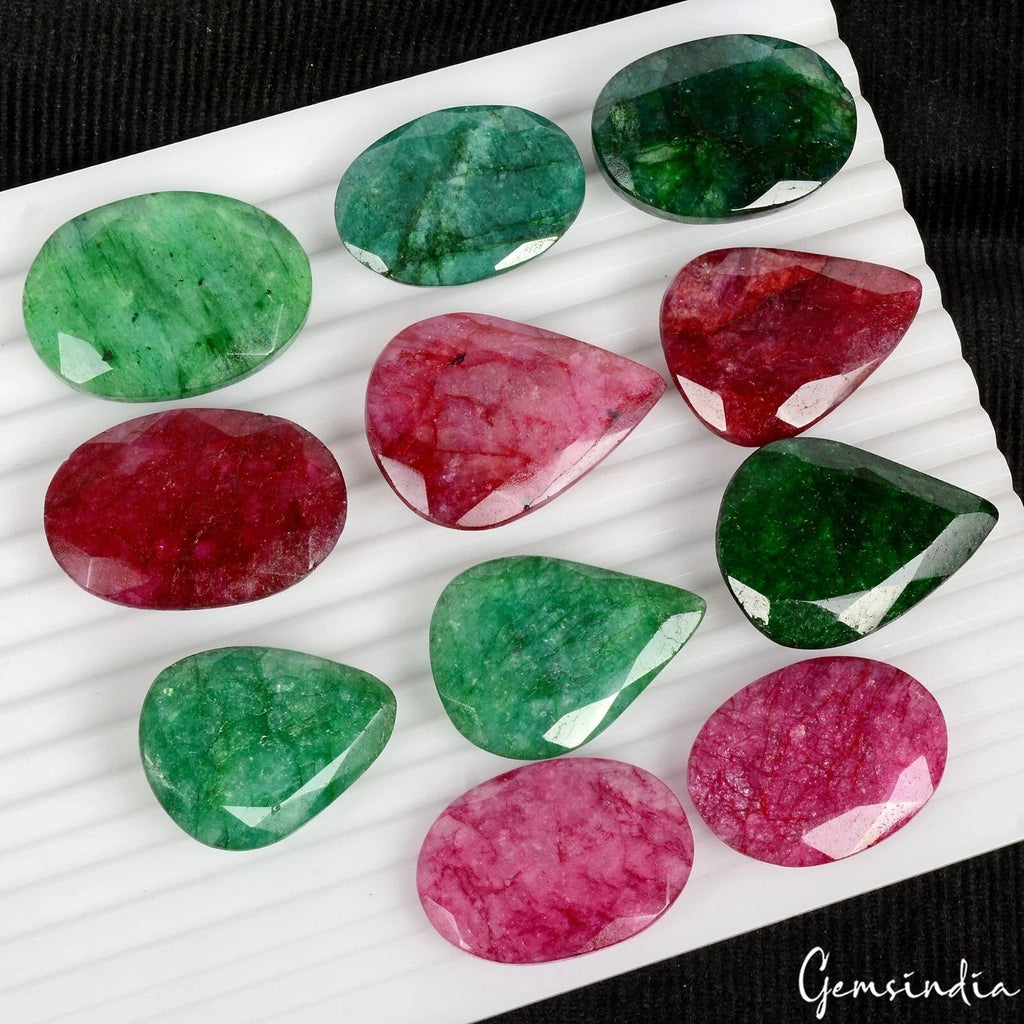 750 Ct/11 Pc Natural Red Beryl/Green Emerald Mix Cut Loose Pendant Size Gemstone