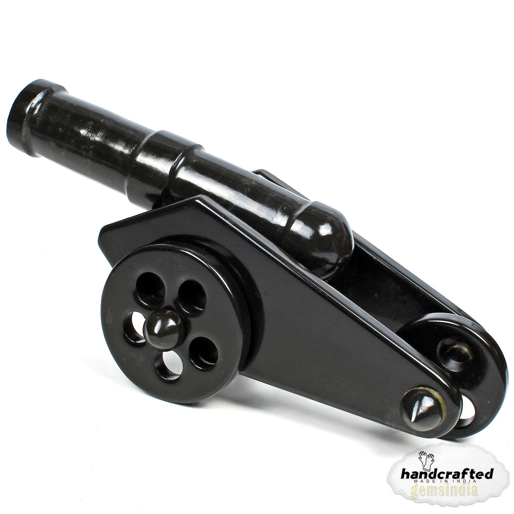 gemsindia Hand Carved Black Agate Carved Cannon with wheel play all stone joints