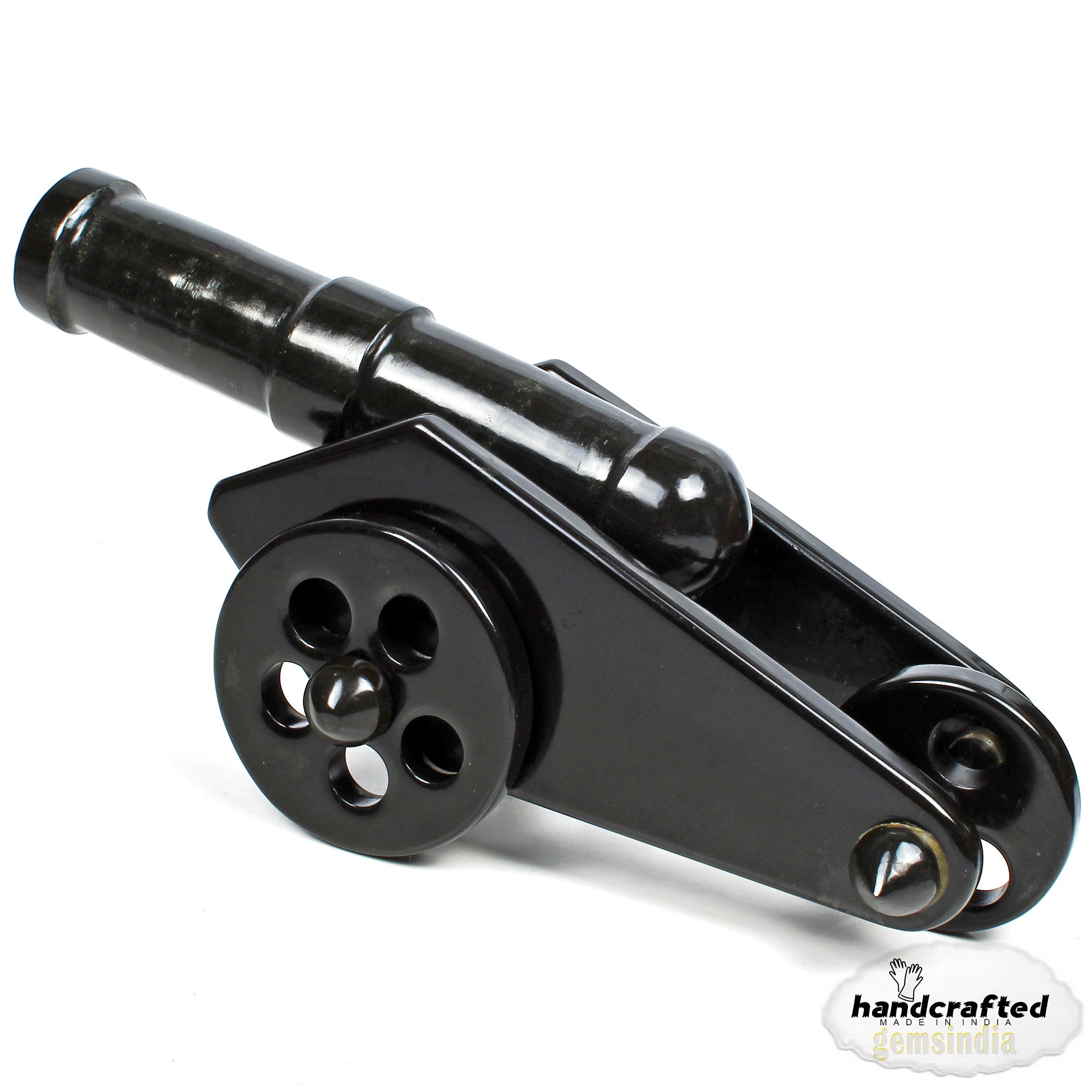 gemsindia Hand Carved Black Agate Carved Cannon with wheel play all stone joints