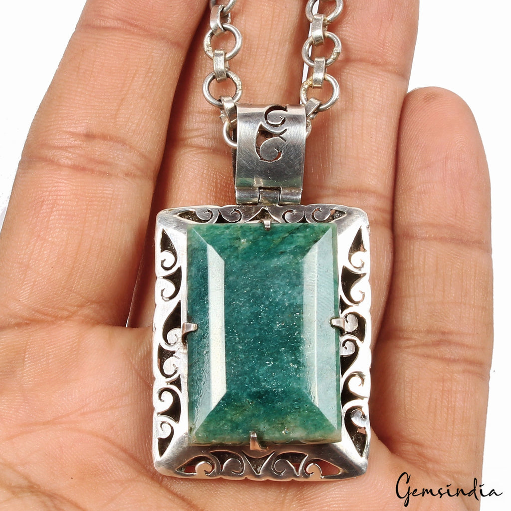 24 Gms Certified Natural Green Emerald Handmade 925 Sterling Silver Huge Pendant
