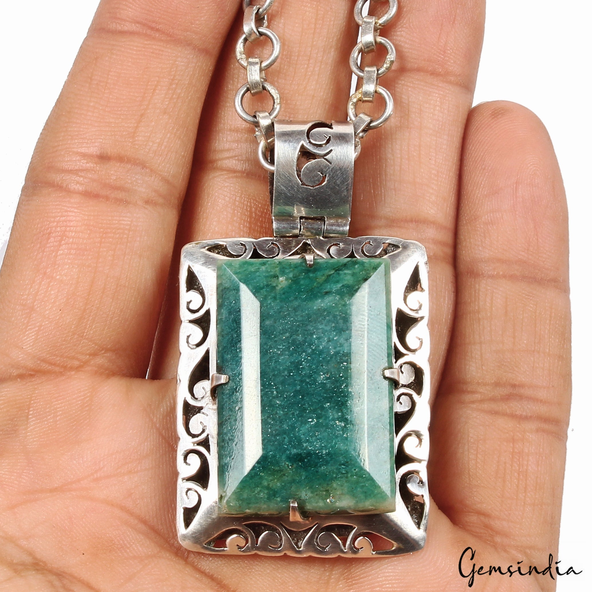 24 Gms Certified Natural Green Emerald Handmade 925 Sterling Silver Huge Pendant