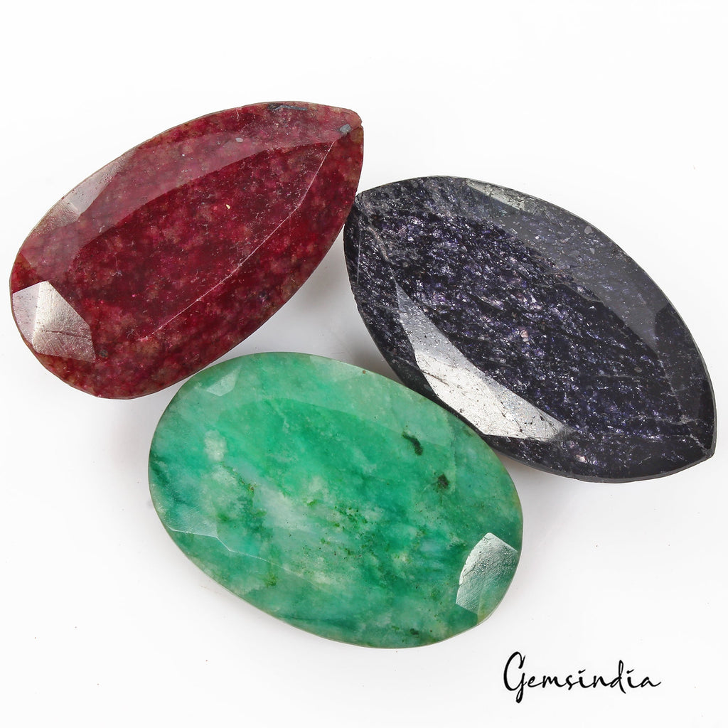 660 Cts/3 Pcs Natural Red Ruby Blue Sapphire & Green Emerald Loose Mix Cut Gems