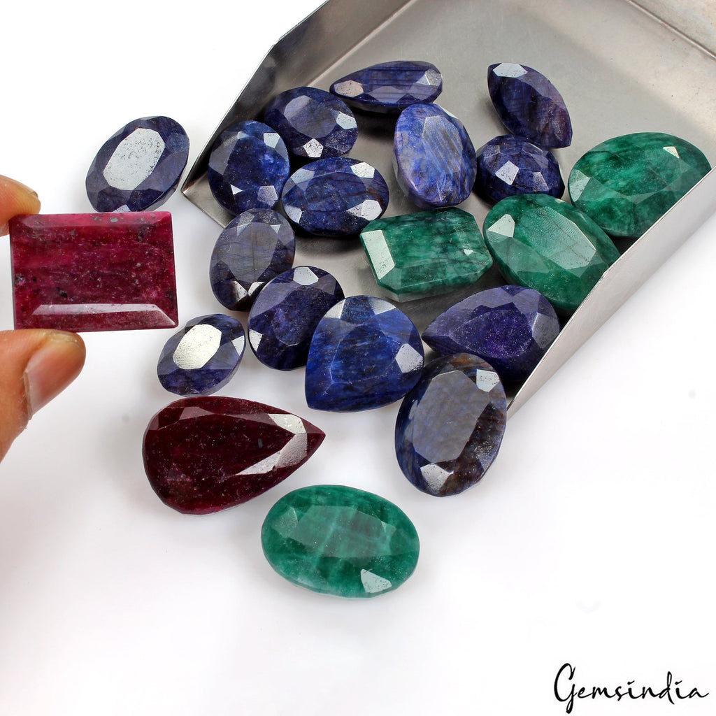 1085 Ct Certified Ruby Emerald Sapphire Mix Cut Loose 21-35mm Gemstones Lot~20Pc