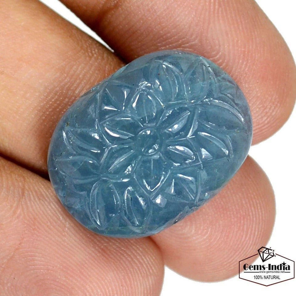 Aquamarine Loose Gemstone, Oval Carved, Untreated — 23 x 18 x 9mm, 29.15 Ct, Brazil