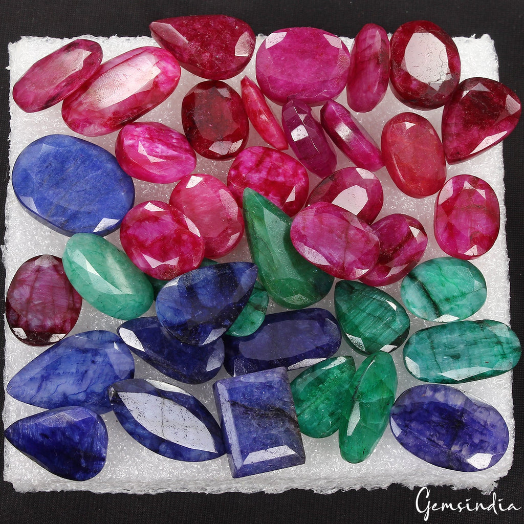 620 Cts/38 Pc Natural Red& Blue Beryl Green Emerald Mixed Cut 16-26mm Loose Gems