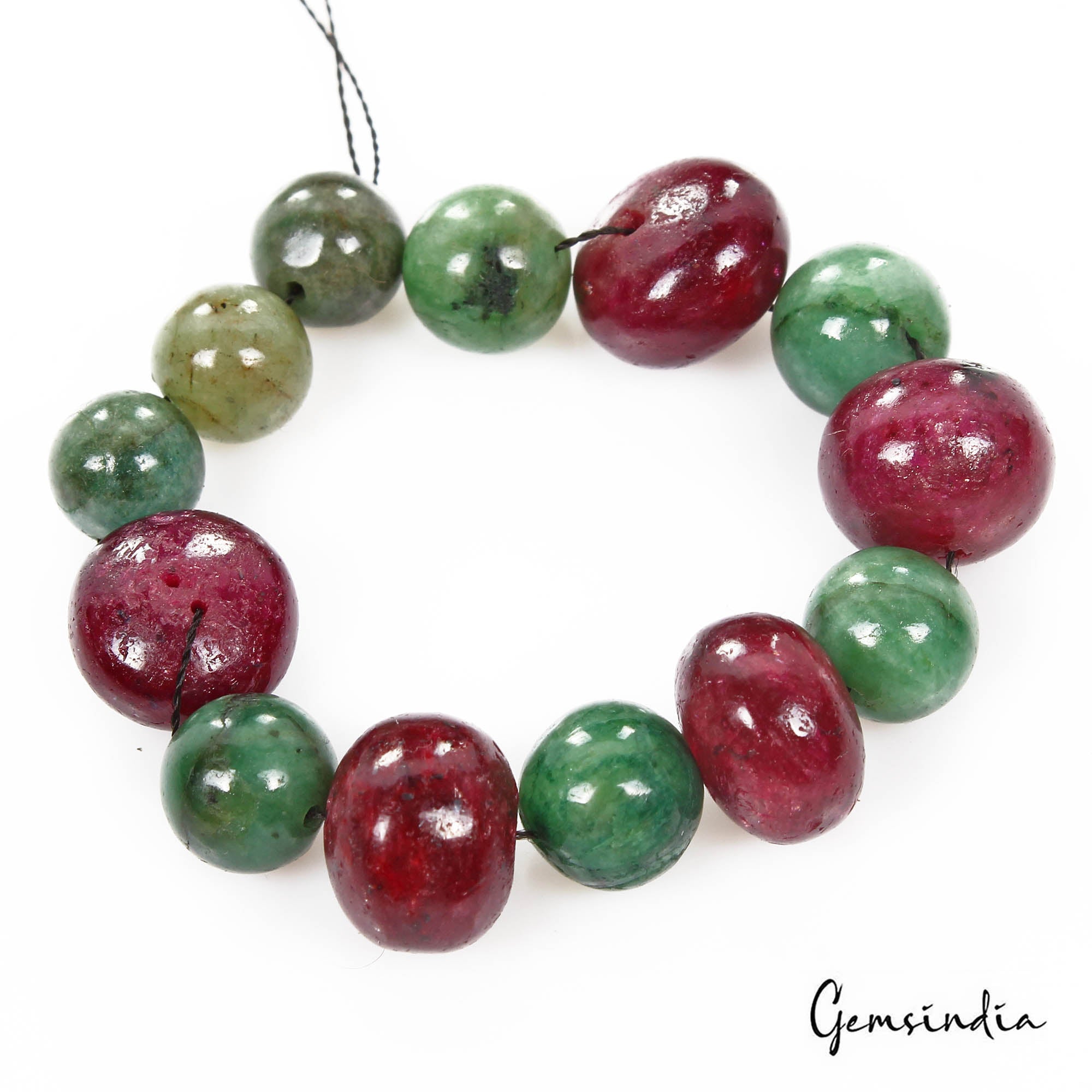 130 Cts/13 Pcs Natural Red Ruby Green Emerald Round Cab Drilled Bead Loose Gems