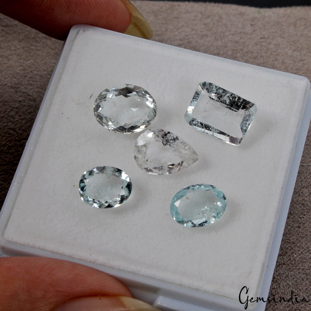 5 Pcs Natural Blue Aquamarine 7-10mm Mix Faceted Cut Loose Gemstones~ 8.40 Cts