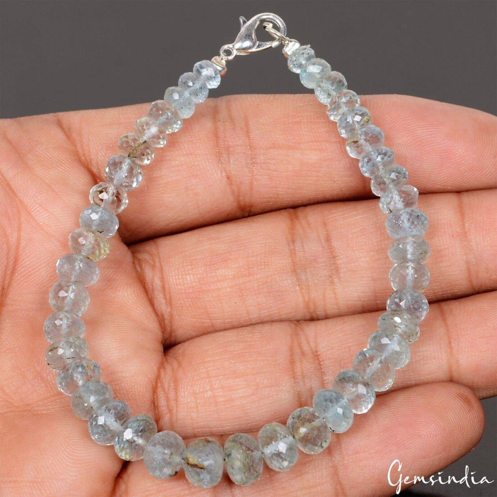 61.40 Ct Natural Blue Aquamarine Round Faceted Beaded Cut Handmade Bracelet 7.5"